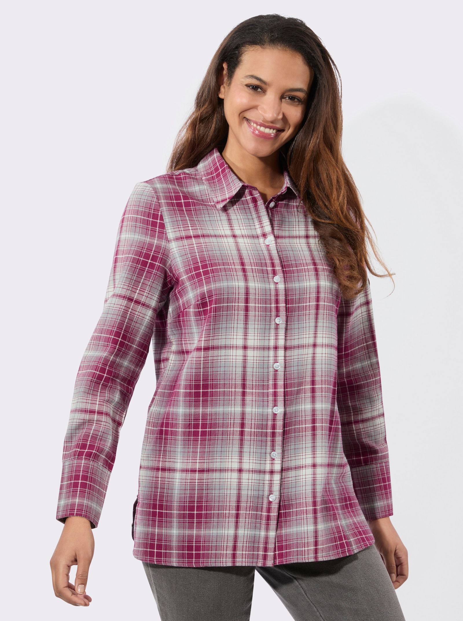 Flanellbluse mit Seitenschlitzen - bordeaux-steingrau-kariert