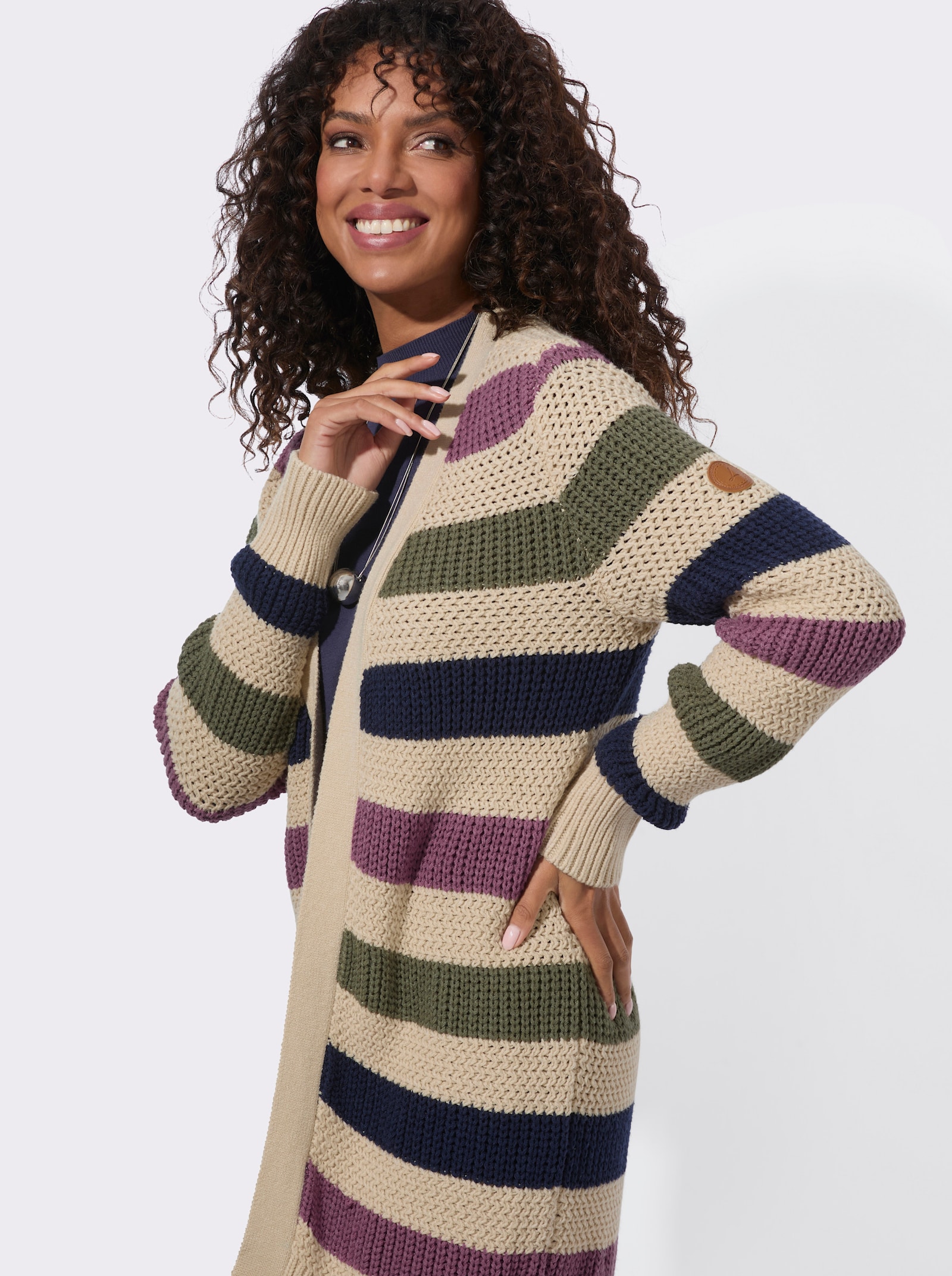 Strickjacke in verschlussloser Form - sand-khaki-geringelt