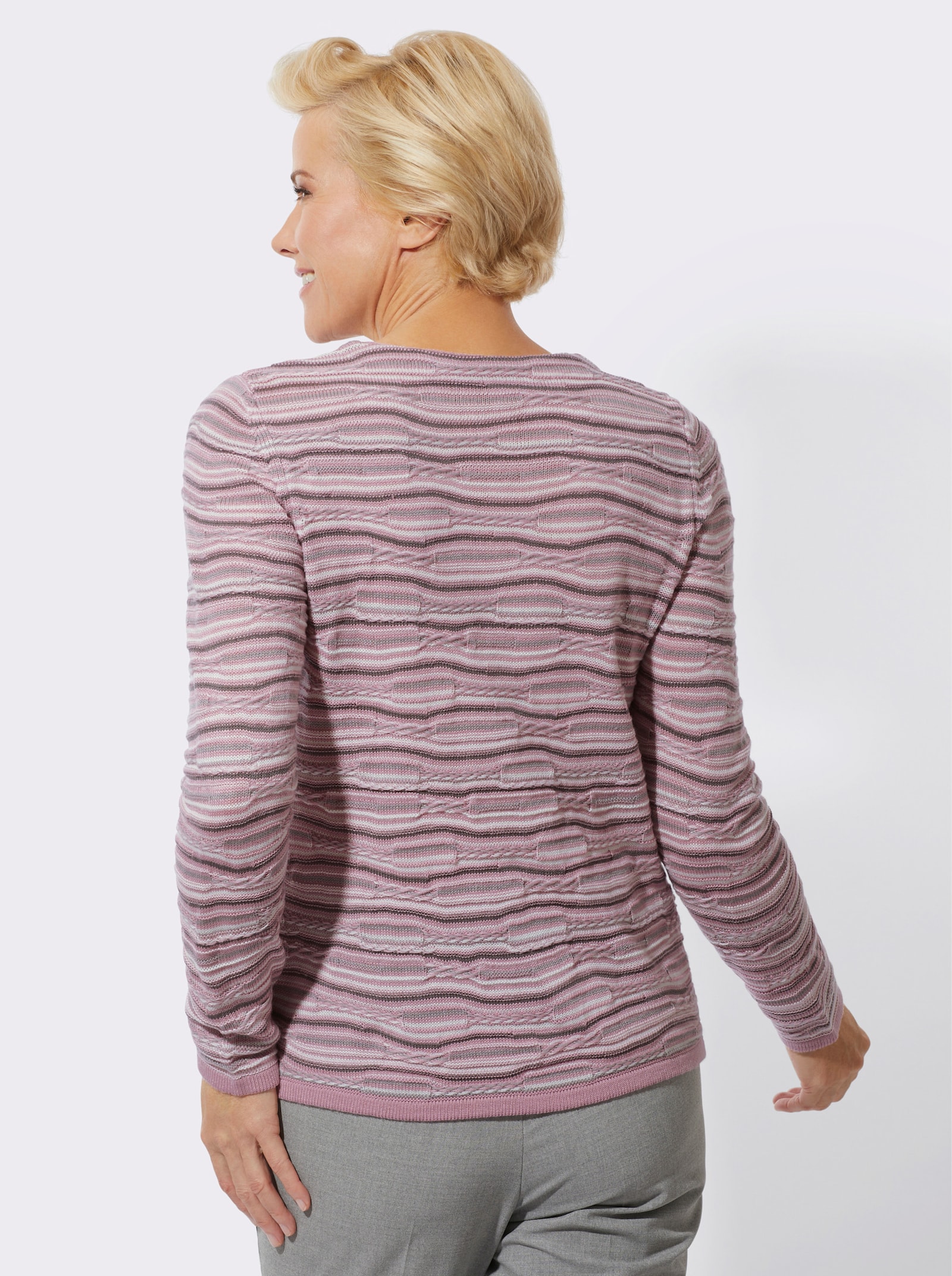 Strickpullover mit Rollkante am Ausschnitt - mauve-anthrazit-geringelt