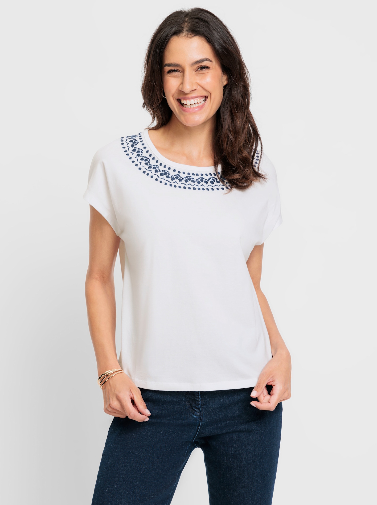 Shirt met ronde hals met contrasterend borduursel - wit/jeansblauw