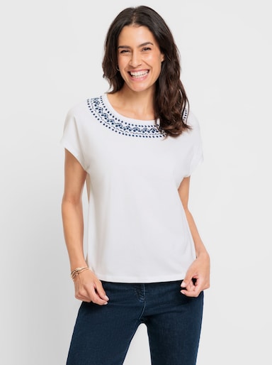Rundhalsshirt mit Kontrast-Stickerei - weiß-jeansblau