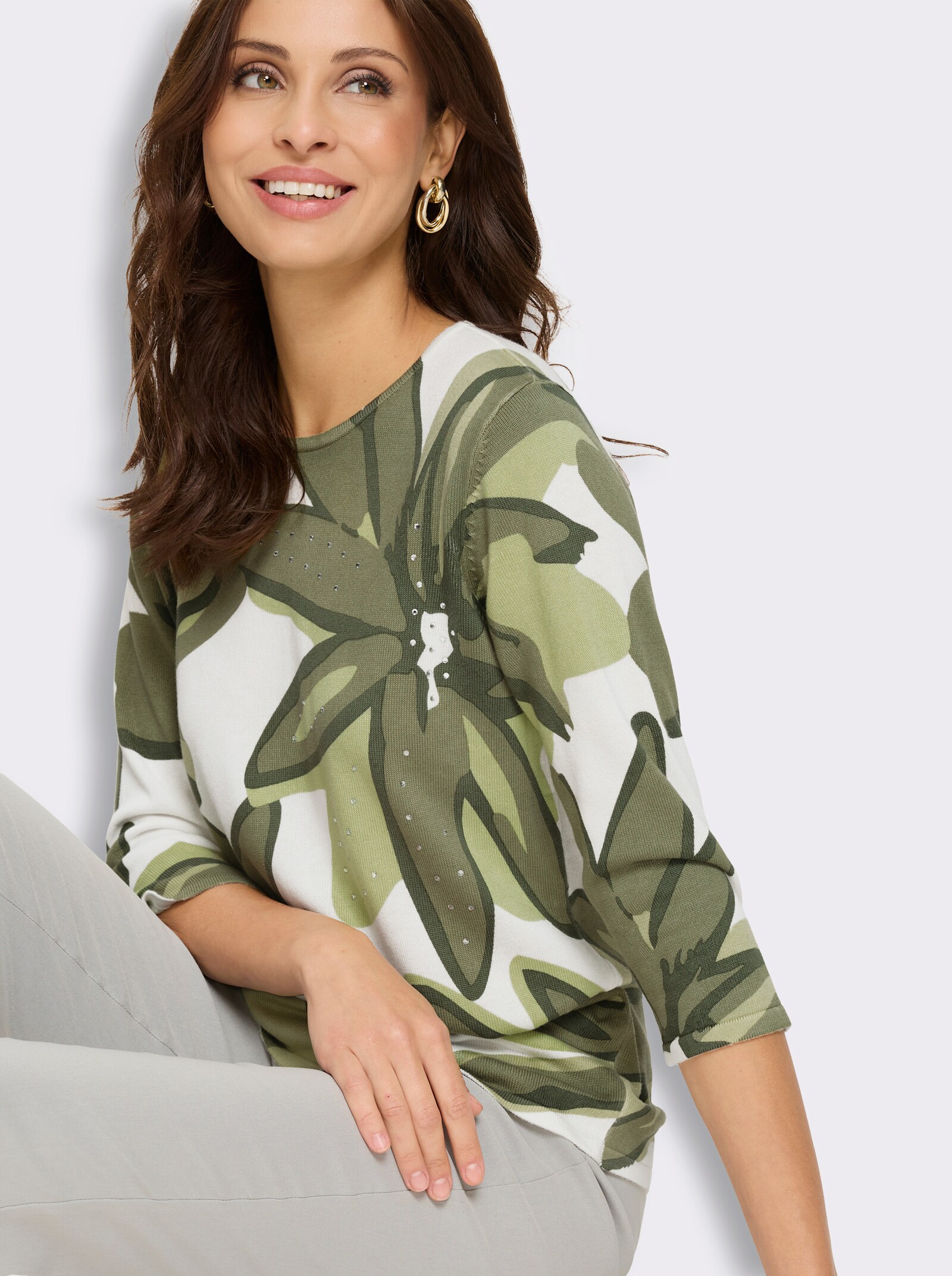 3/4-Arm-Pullover mit Glitzersteinchen - weiß-schilf-bedruckt