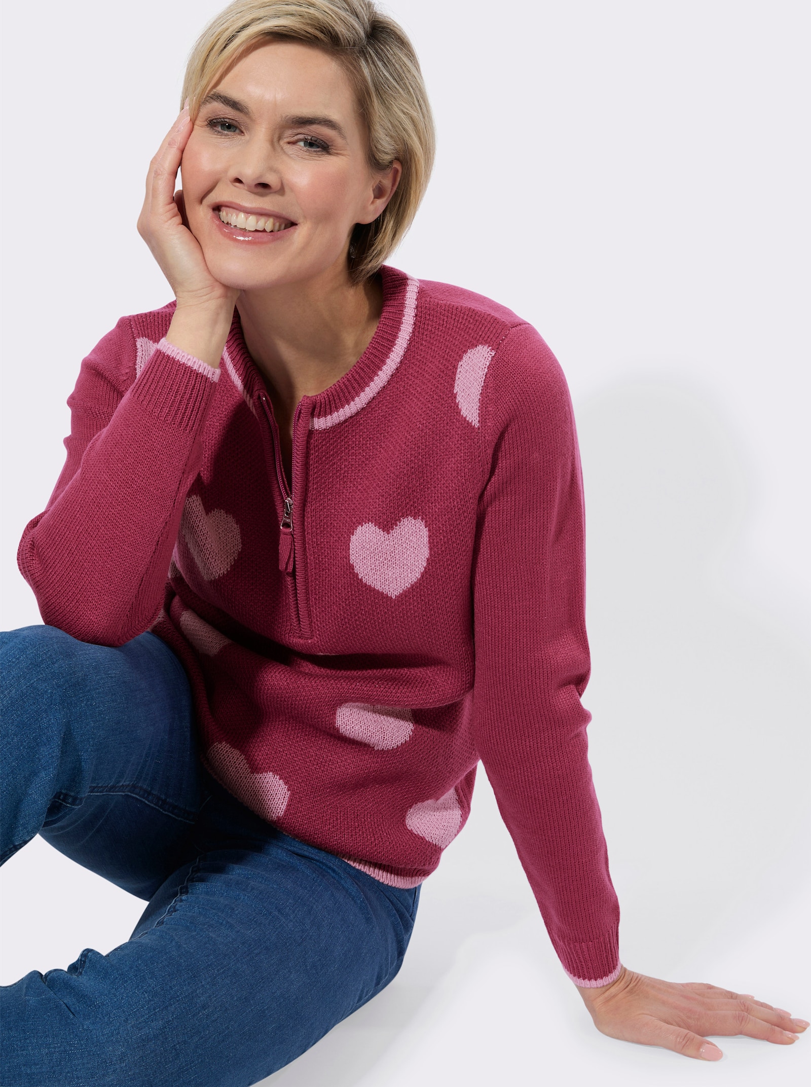 Langarm-Pullover mit Herz-Muster - erika-rosé-gemustert