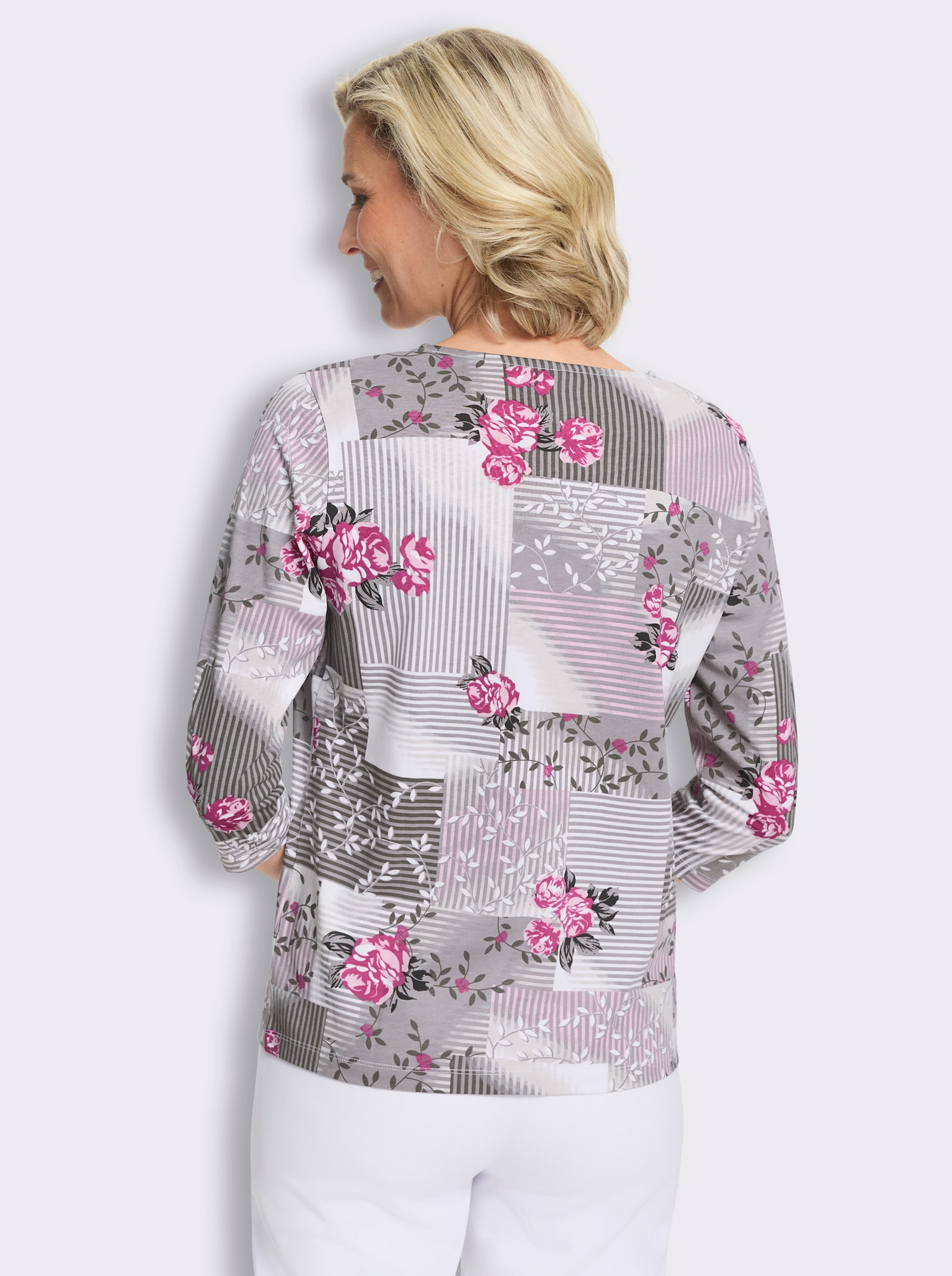 Kurzarmshirt mit Patch-Muster, Baumwolle - rosé-steingrau-bedruckt