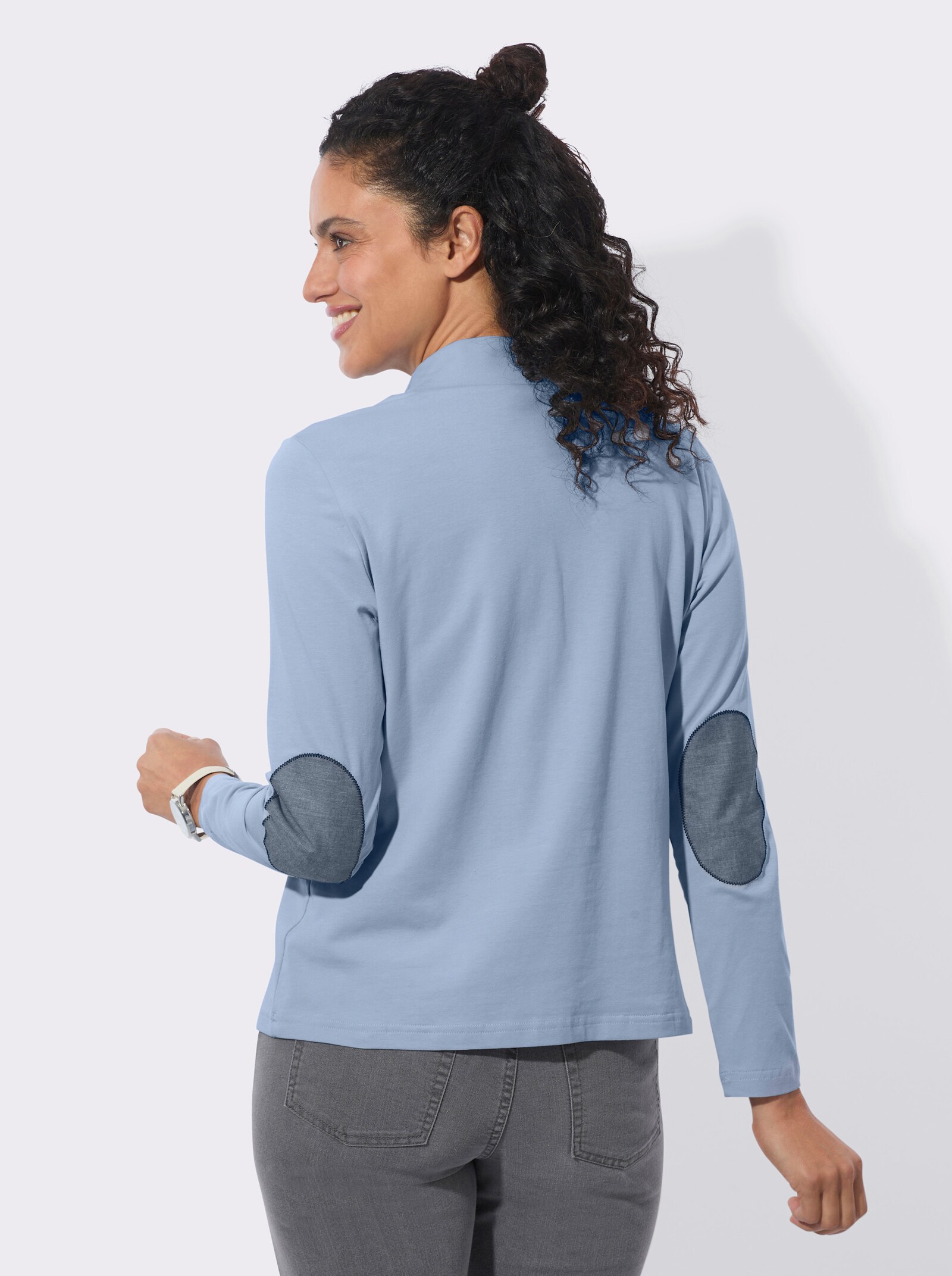 Stehkragenshirt mit Ellbogen-Patches in Jeans-Optik - bleu