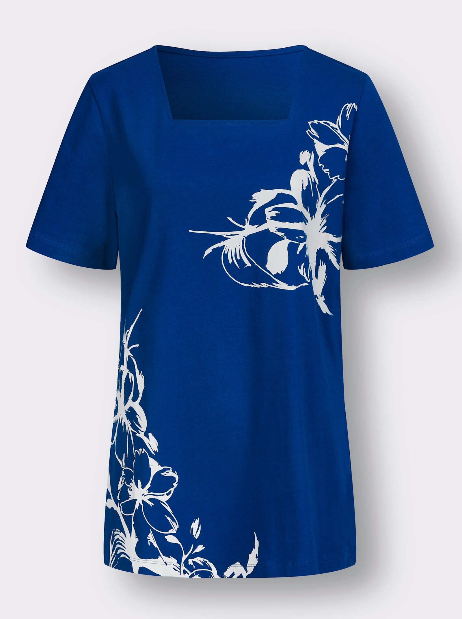 Longshirt mit Karree-Ausschnitt, floral - royalblau-weiß