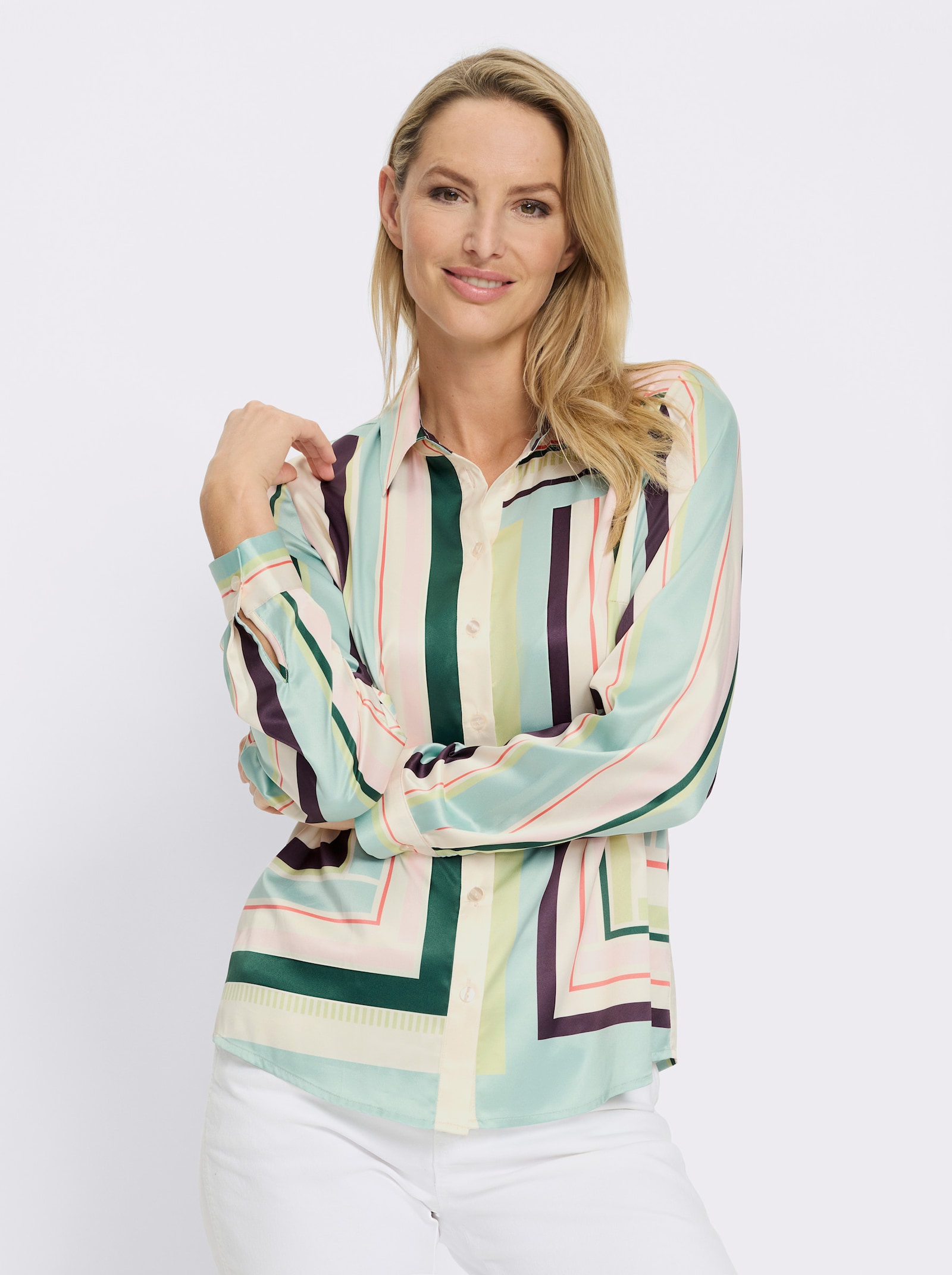 heine Druckbluse mit grafischem Dessin - kalkmint-hellrosé-bedruckt