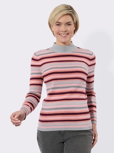 Streifenpullover mit Stehkragen - rosenholz-burgund-geringelt