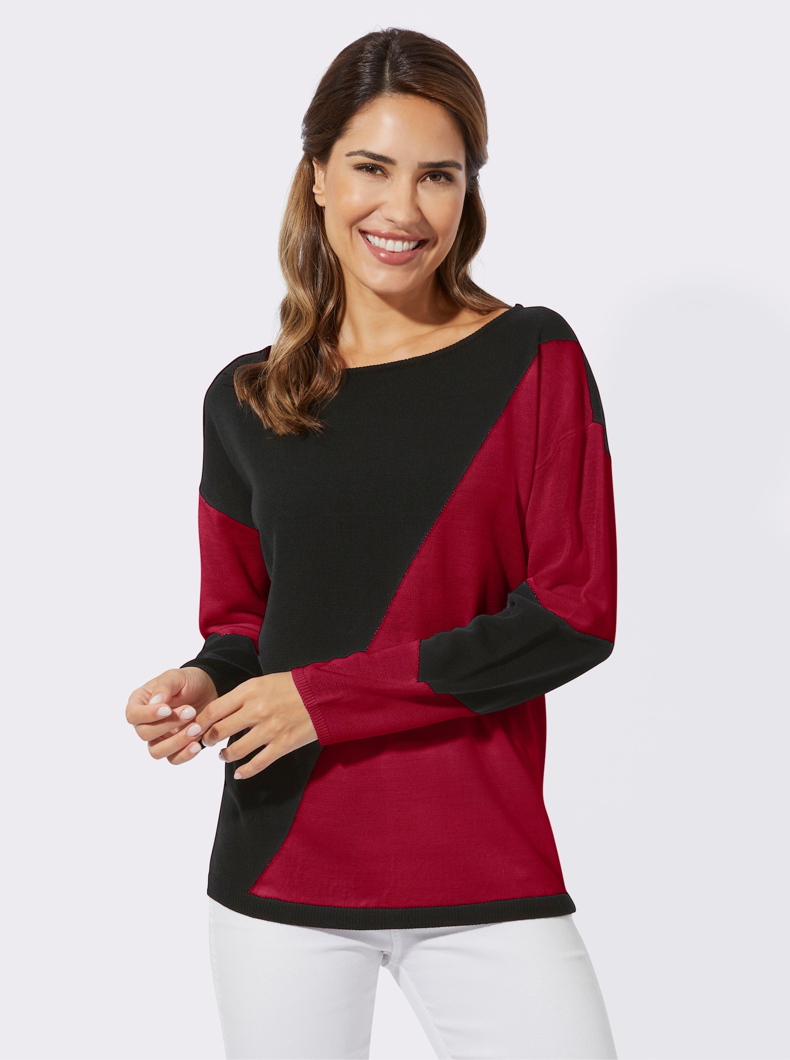 Langarm-Pullover mit Intarsien-Muster - schwarz-rot-gemustert