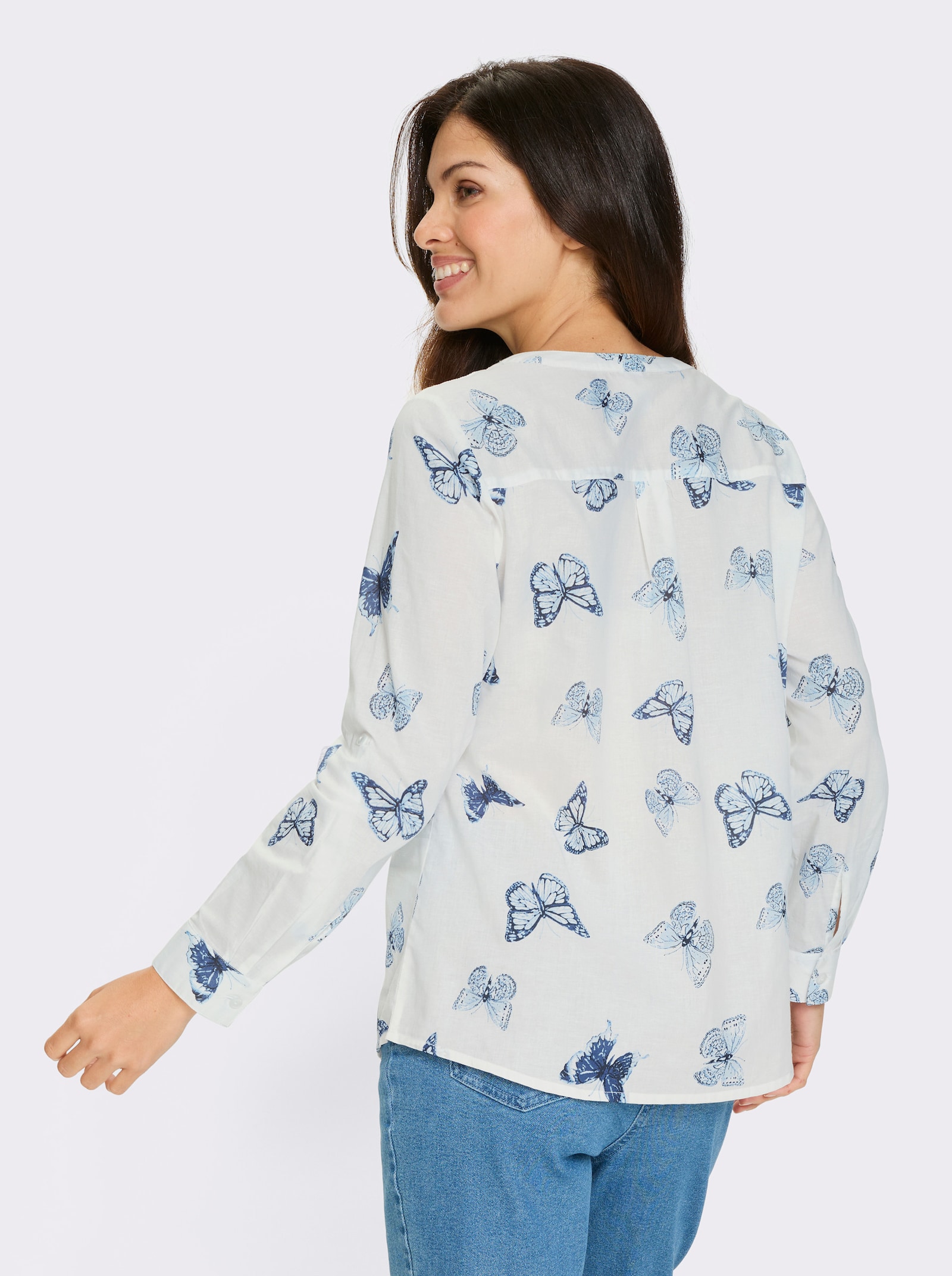 Katoenen blouse met vlinderprint - wit/marine geprint