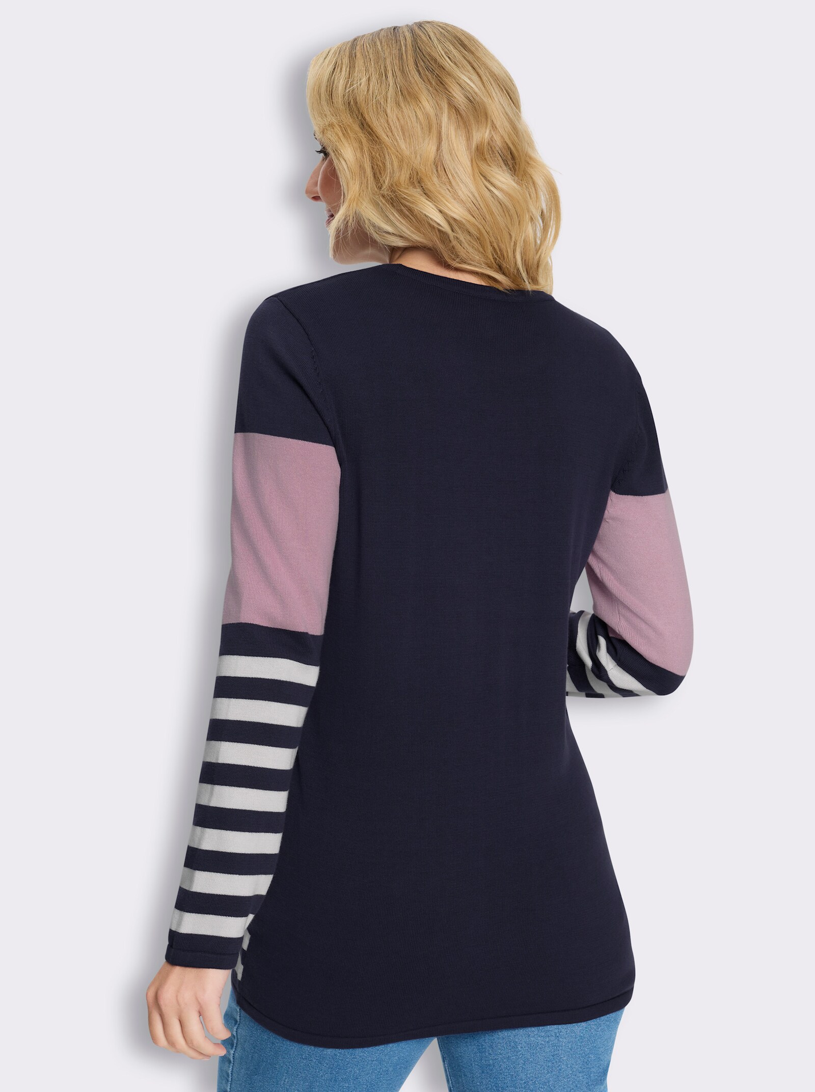Longpullover mit Streifen-Muster vorne - rosé-marine-geringelt