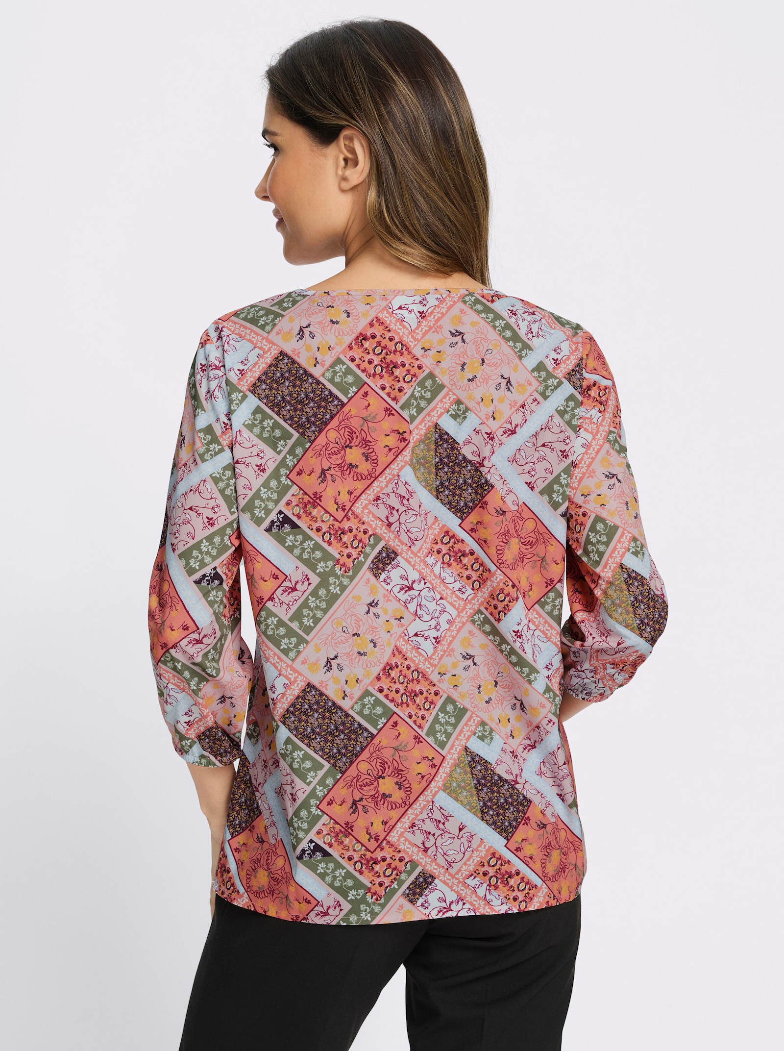 Druckbluse mit Patchwork-Muster - papaya-khaki-bedruckt