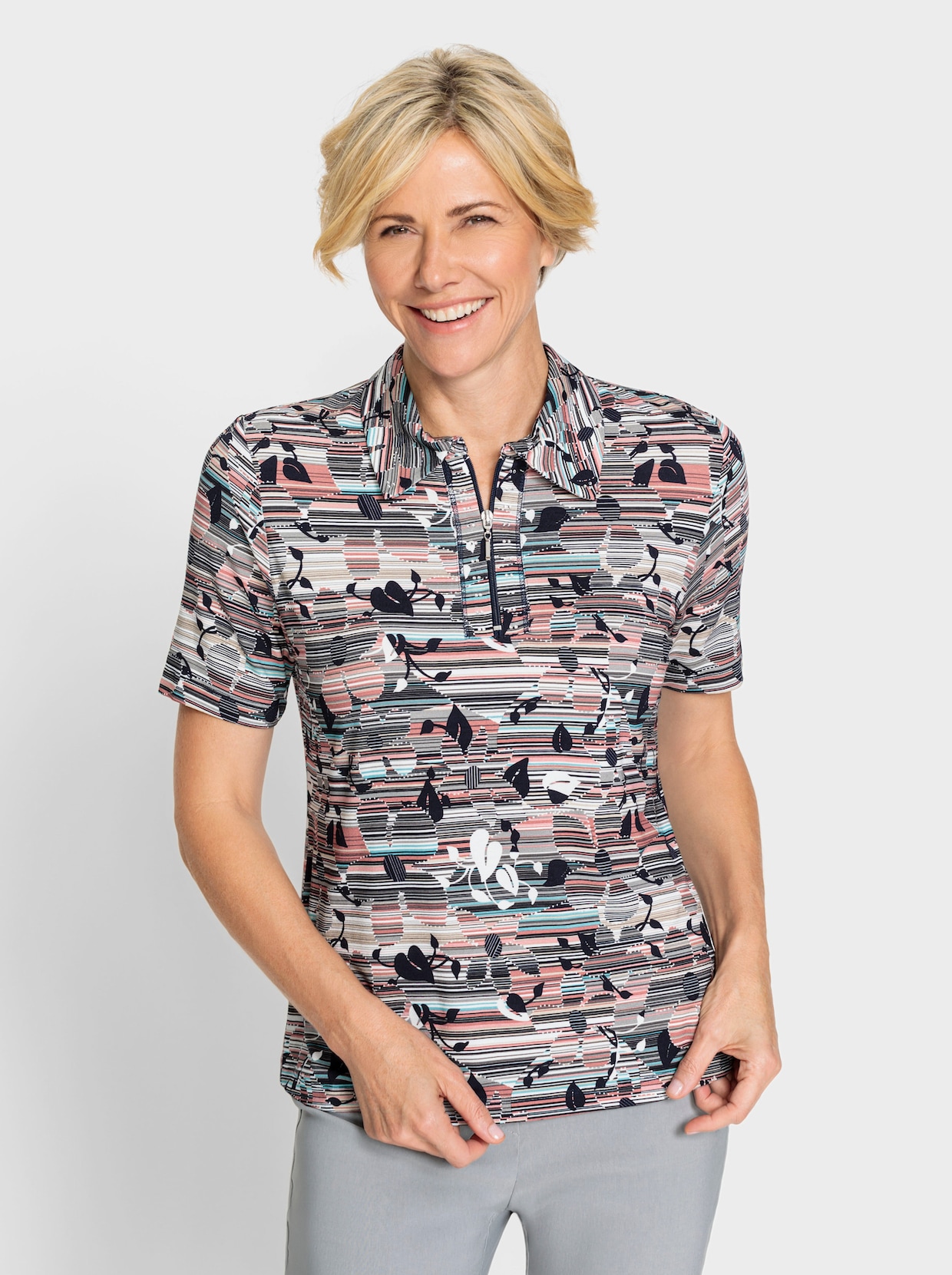 Poloshirt - marine-rosenquarz-bedruckt