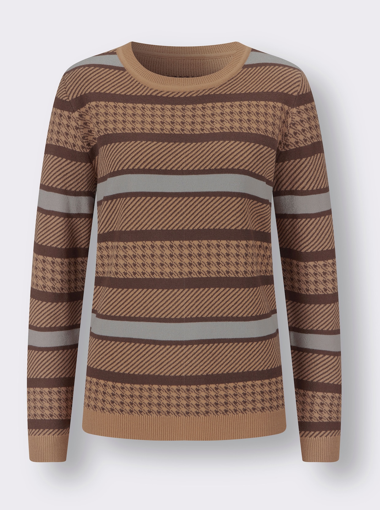 Pullover met ronde hals - camel/choco gedessineerd