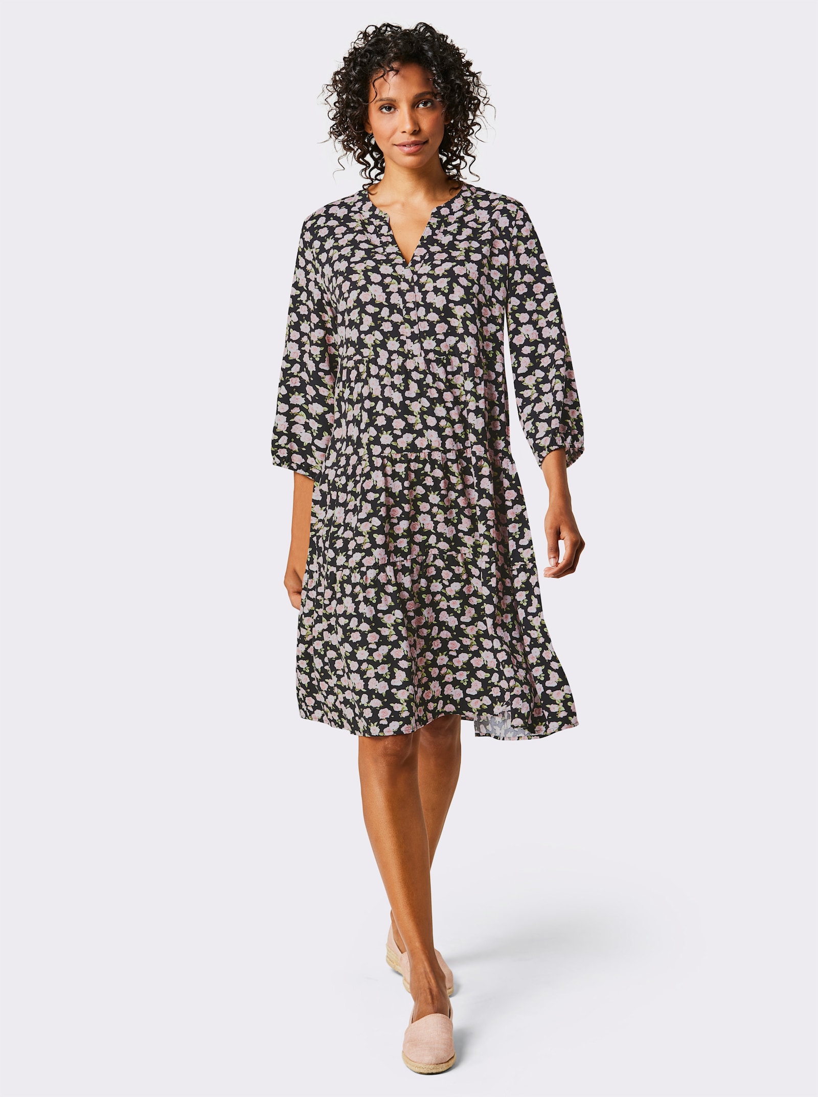 CREATION L PREMIUM A-Linien-Kleid im brillanten Digitaldruck - schwarz-hellrosé-bedruckt