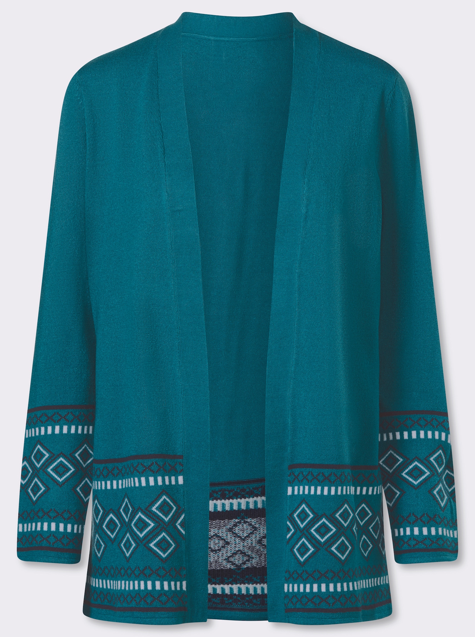 Longstrickjacke mit Bordüren-Muster - petrol-marine
