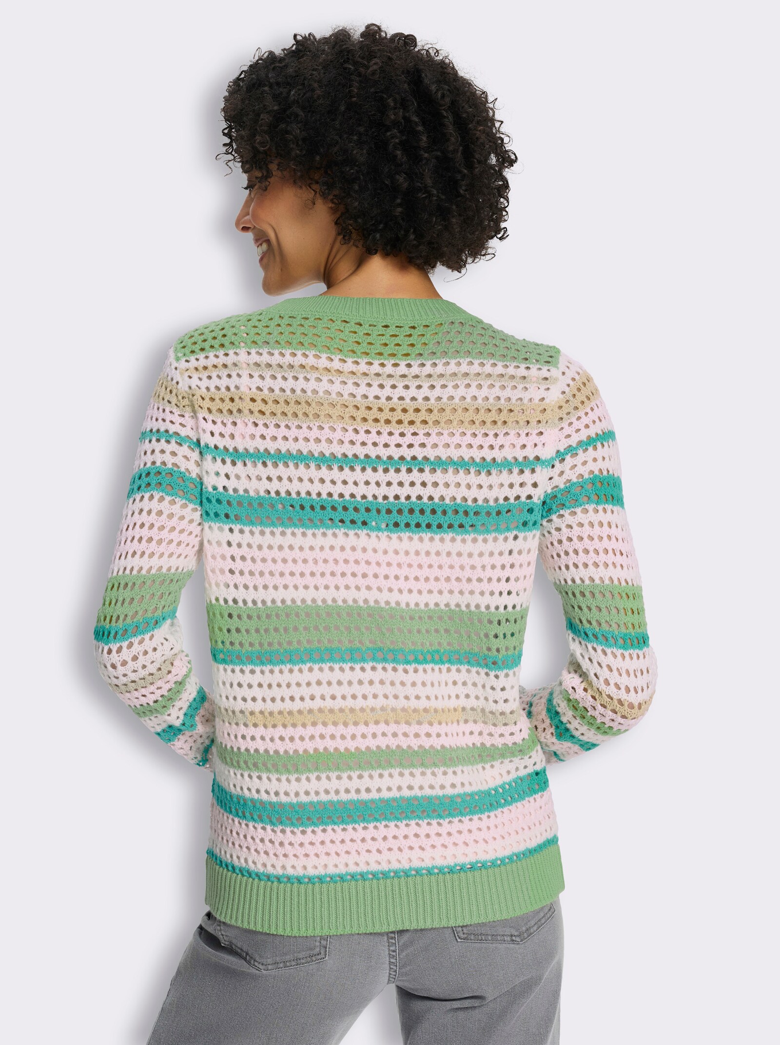 Ajourpullover mit Streifen - eucalyptus-hellrosé-geringelt