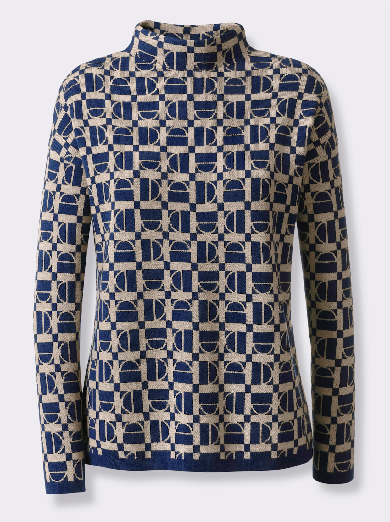 heine Trui met opstaande kraag - donkerblauw/beige gedessineerd
