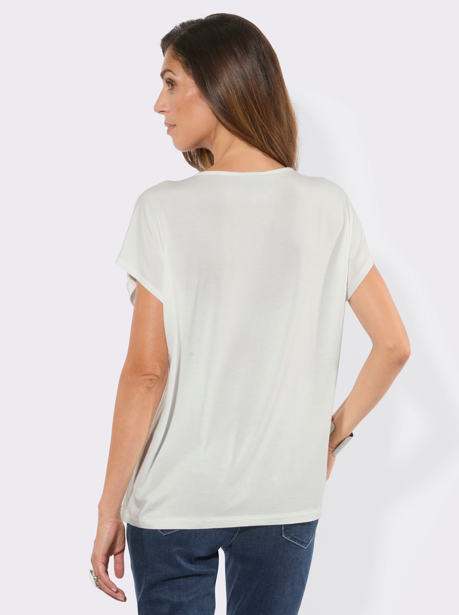 Rundhalsshirt mit Zierperlen und Pailletten - ecru