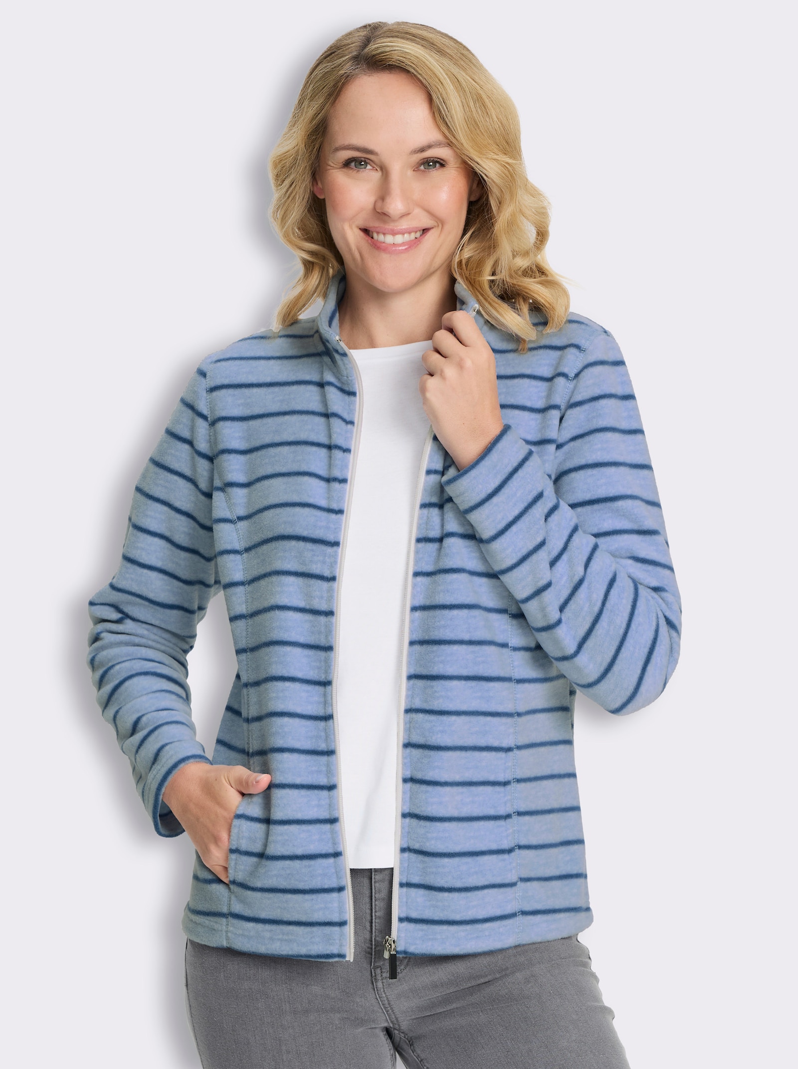 Fleecejacke in pflegeleichter Qualität, gestreift - jeansblau-bleu-meliert