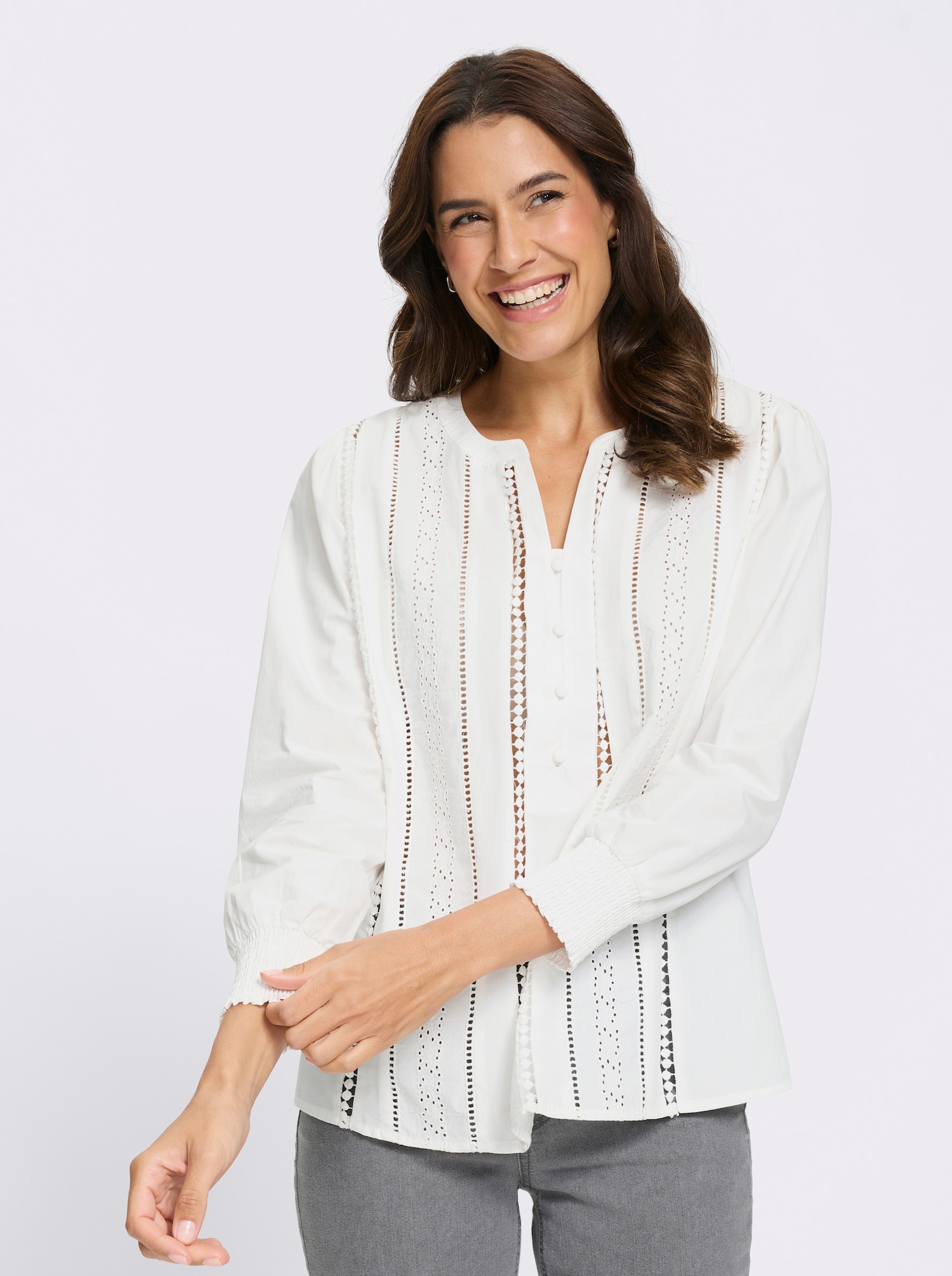 Baumwollbluse mit gesmoktem Saum - ecru