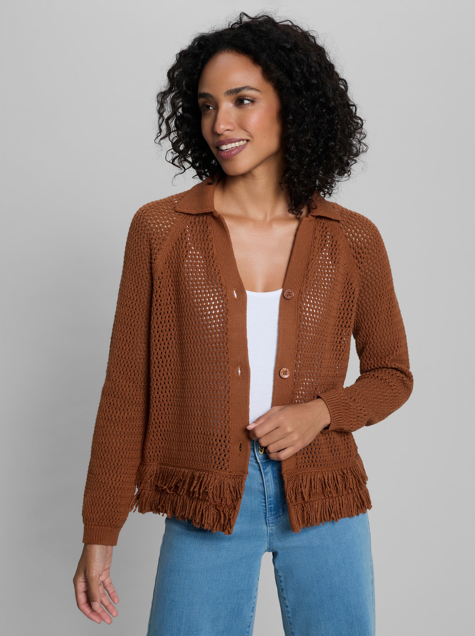 heine Ajourstrickjacke mit Fransensaum - cognac