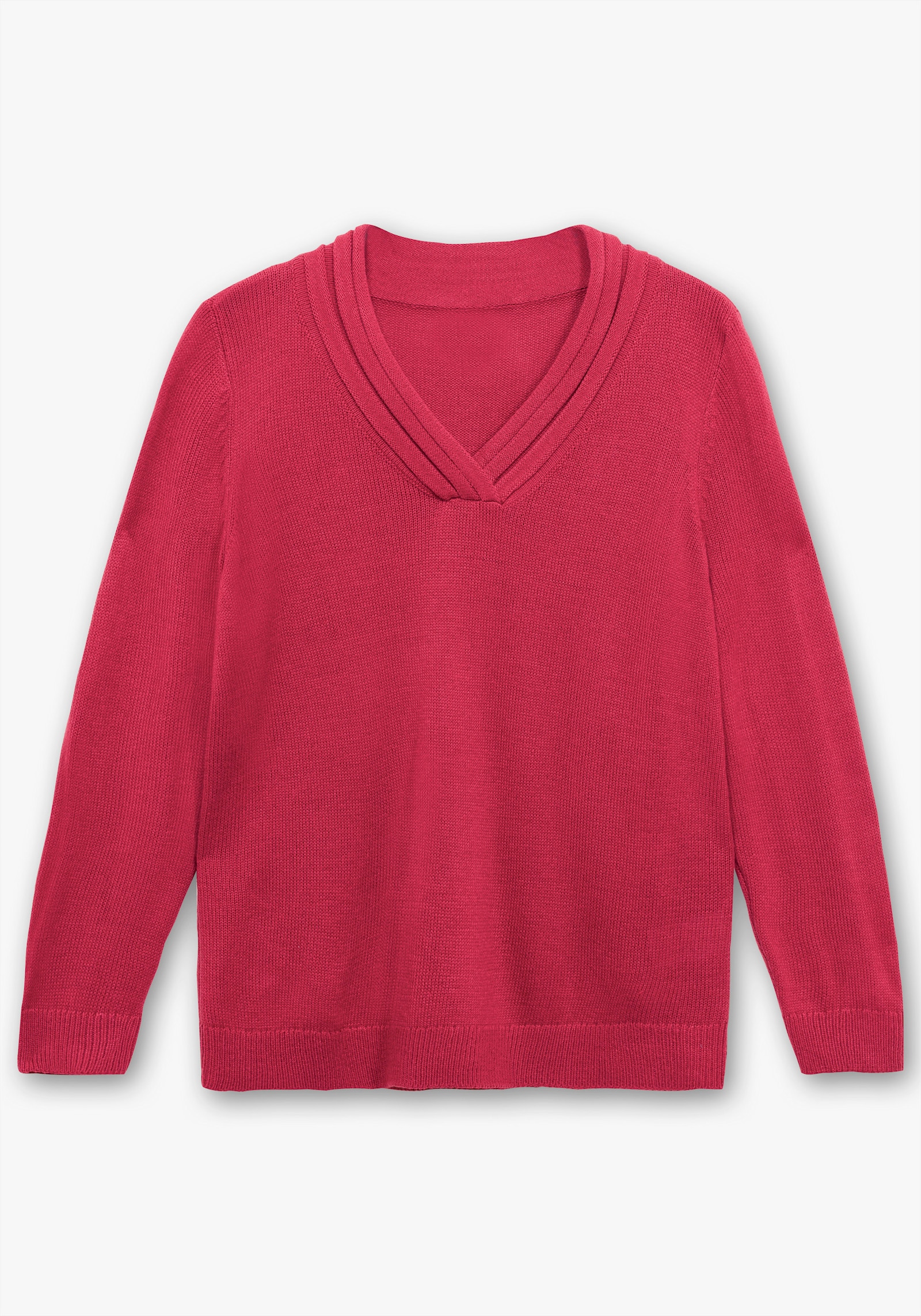 V-Ausschnitt-Pullover mit Rollkante - himbeere