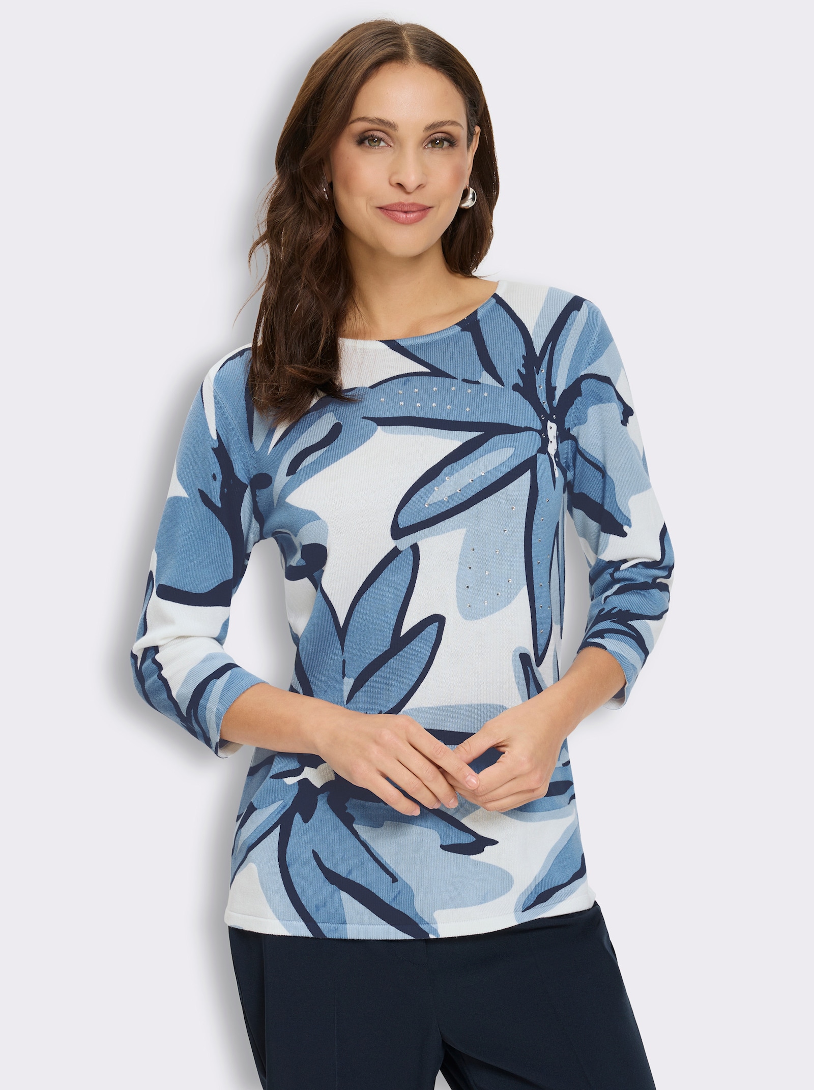 3/4-Arm-Pullover mit Glitzersteinchen - weiß-mittelblau-bedruckt