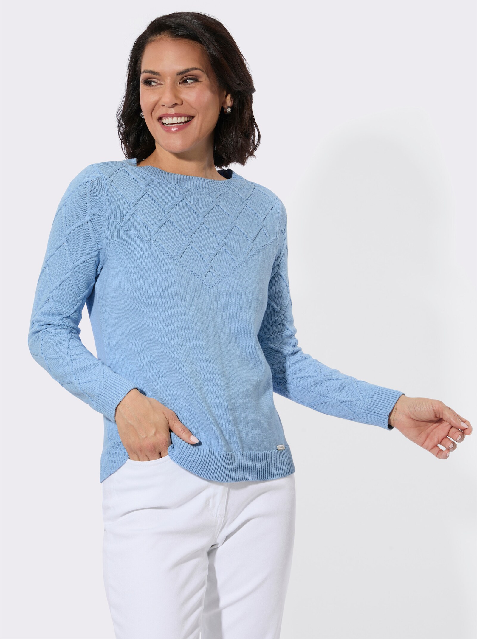 Baumwollpullover mit Rautenmuster - eisblau