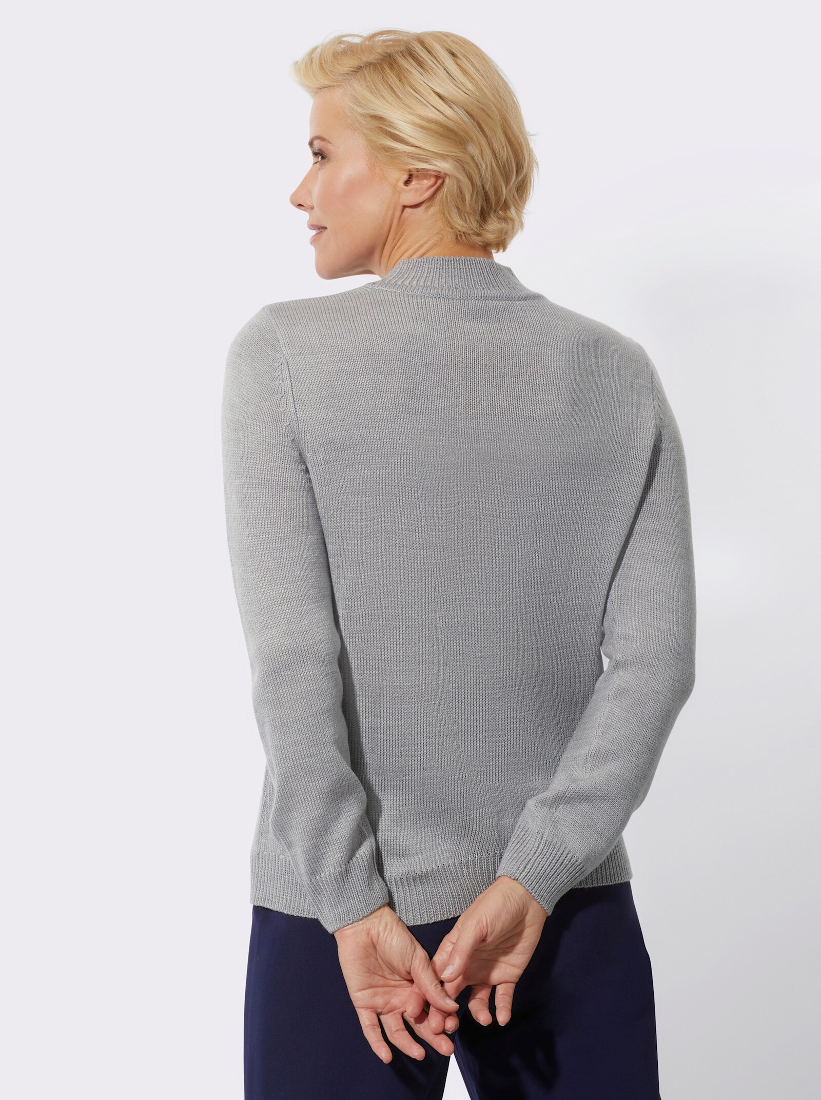 Stehkragenpullover mit Zopfmuster - steingrau-meliert