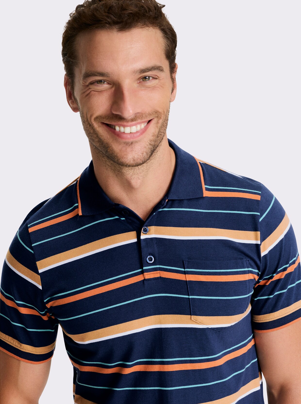 Marco Donati Kurzarmshirt - dunkelblau-papaya-gestreift
