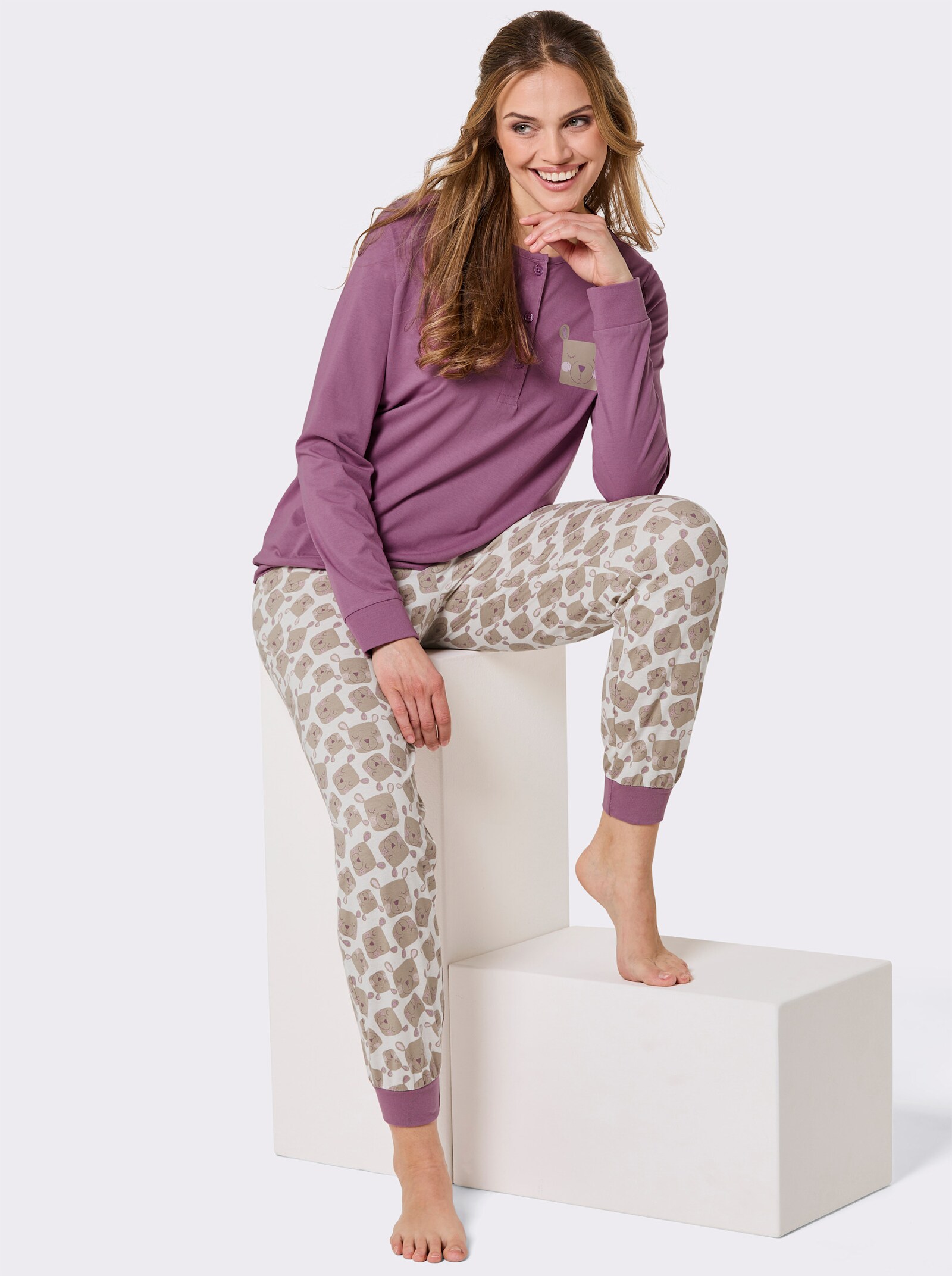 wäschepur Schlafanzug aus Feinfrottee - ecru-violett