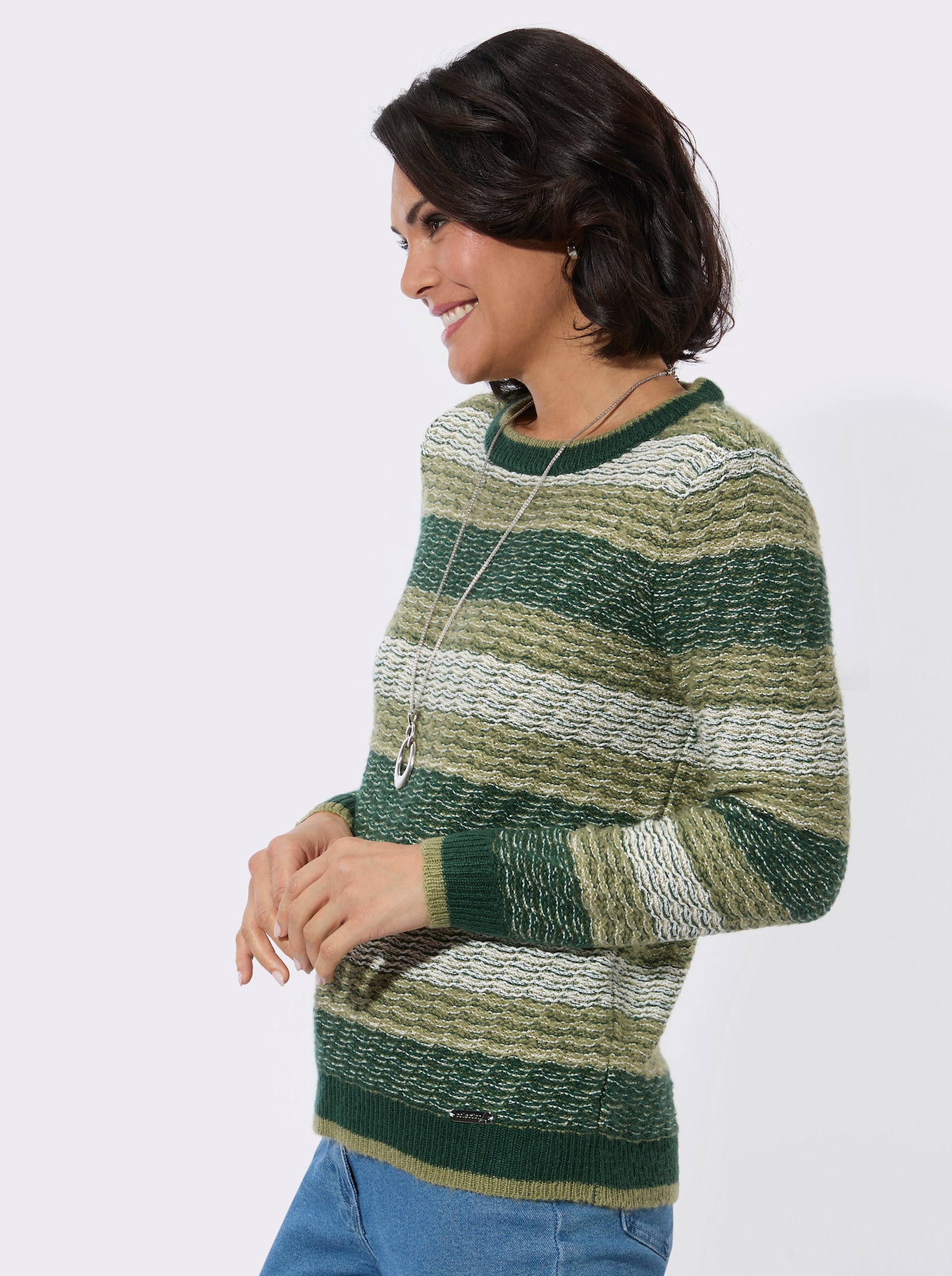 Streifenpullover mit Rundhalsausschnitt - moos-schilf-gemustert