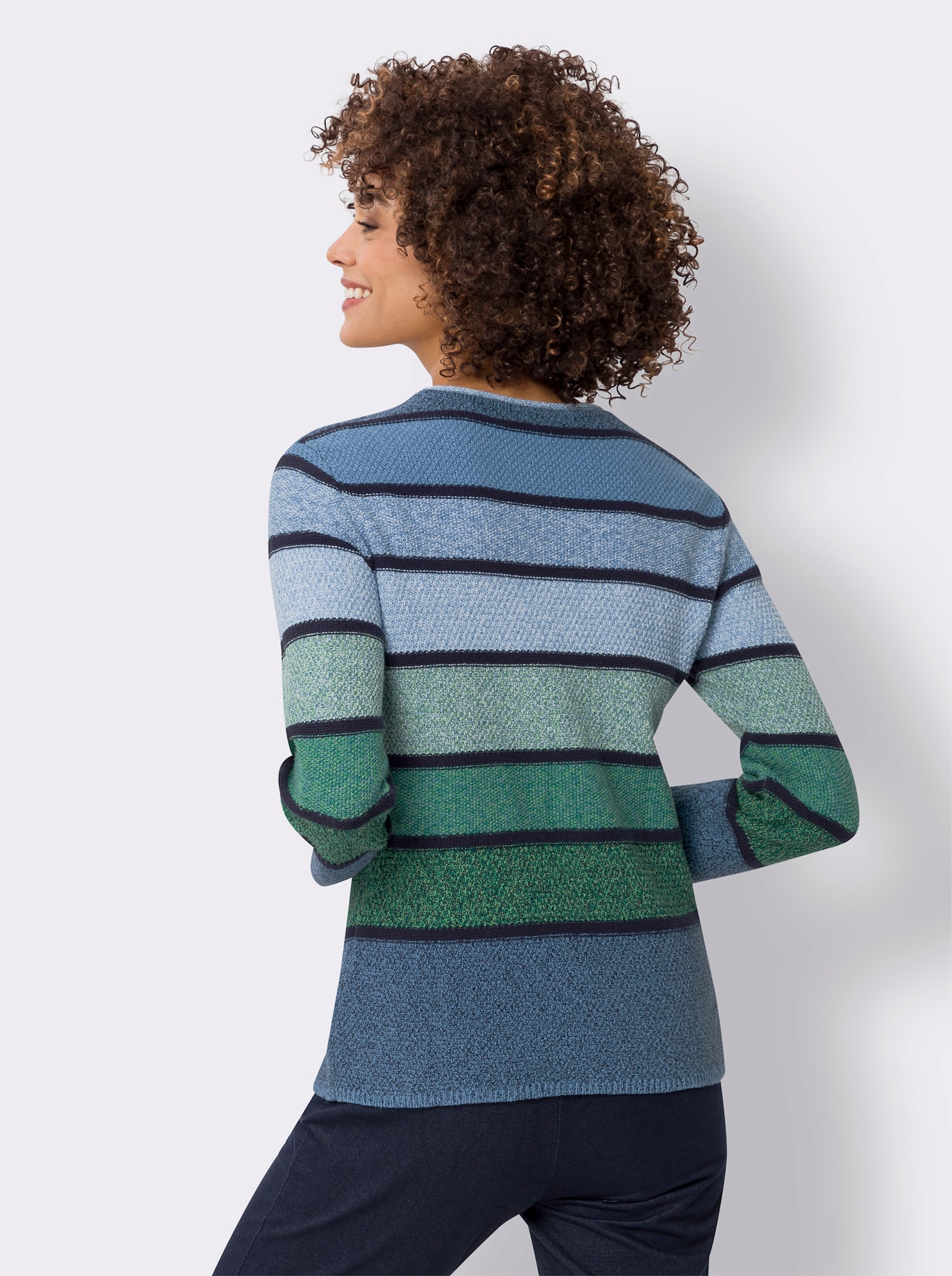 Langarm-Pullover aus Baumwolle, gestreift - mittelblau-grün-geringelt