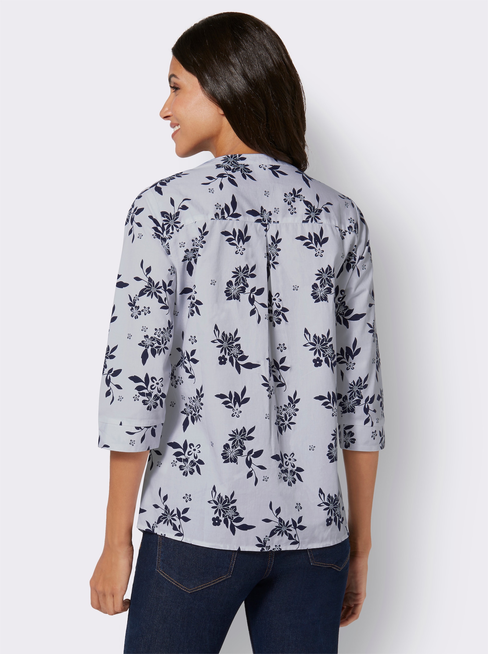 Longbluse mit Blumen-Muster - weiß-nachtblau-bedruckt