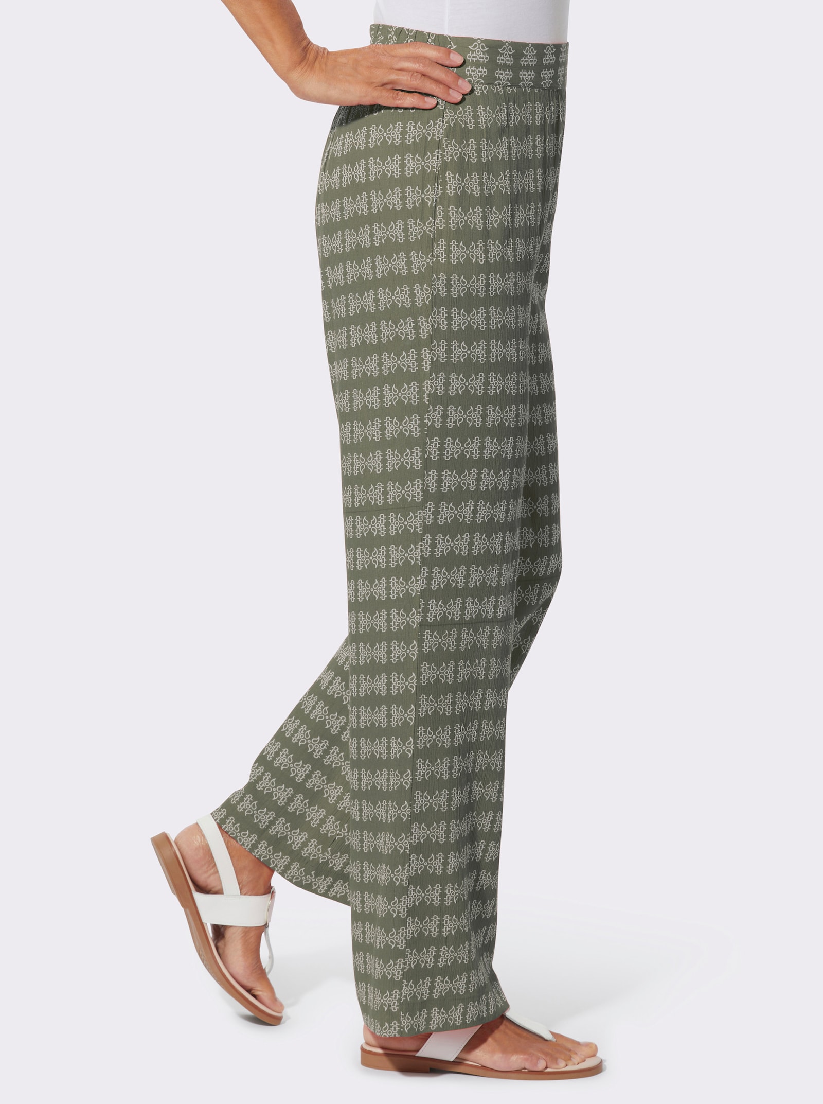 Druckhose in weiter Form - khaki-ecru-bedruckt