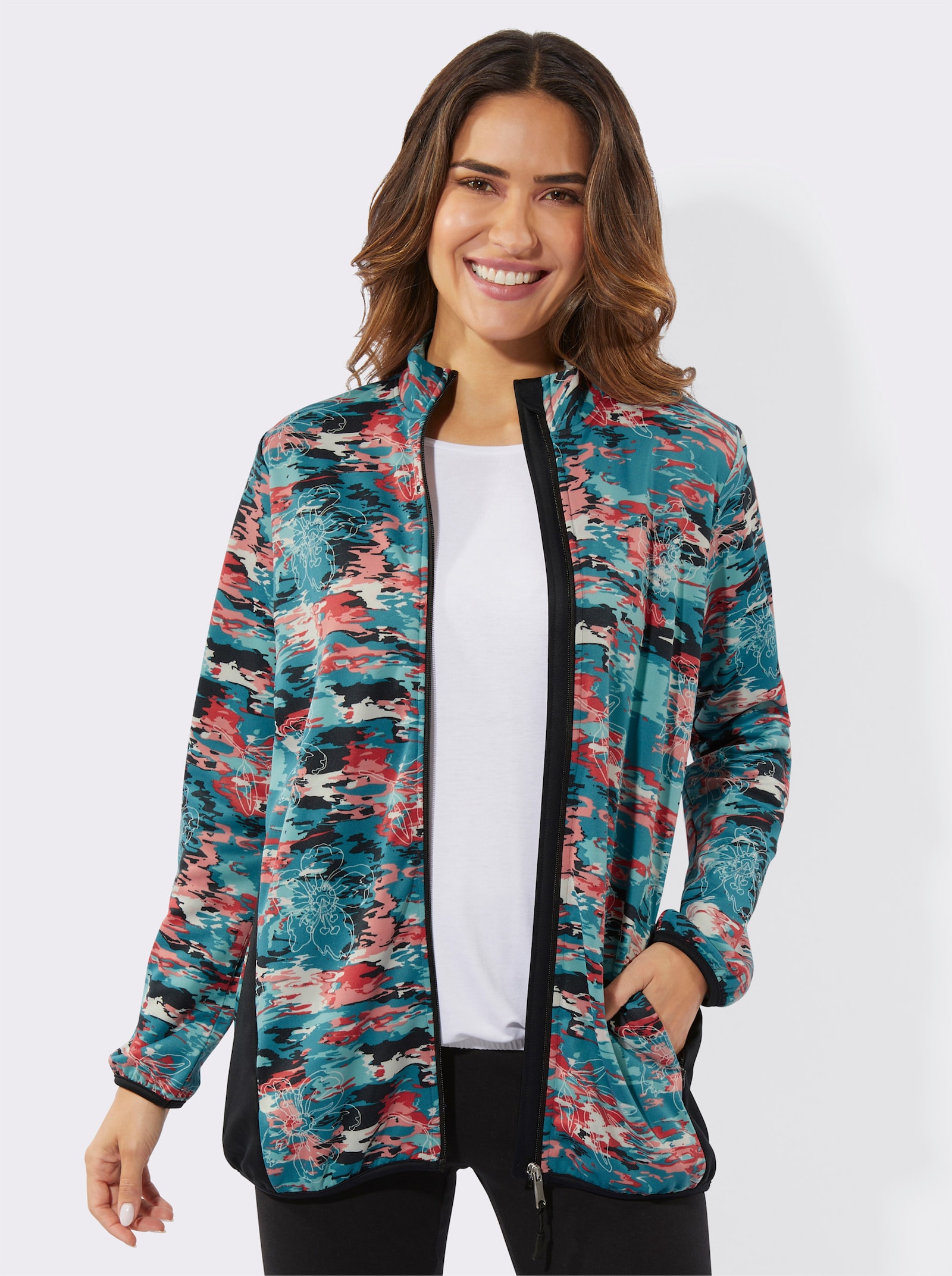 Sportovní bunda z prodyšného materiálu - ecru-petrolejová-potisk