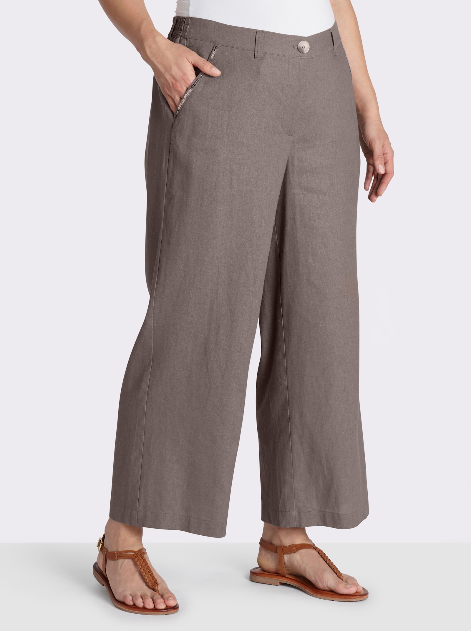 sheego Leinenhose mit Pailletten an den Taschen - dunkeltaupe