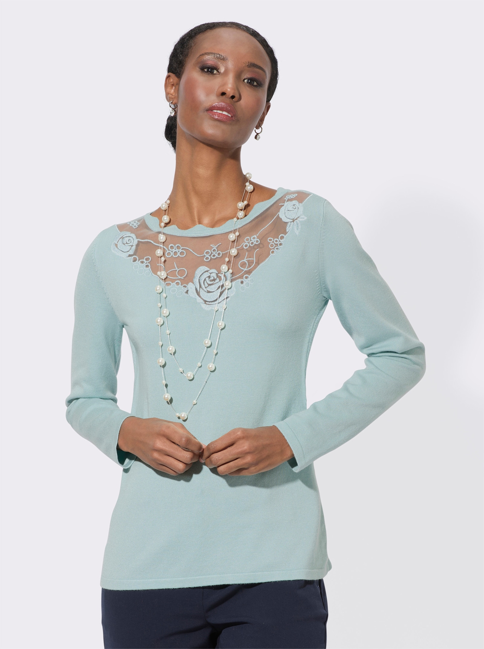 Feinstrickpullover mit besticktem Chiffon-Einsatz - mint