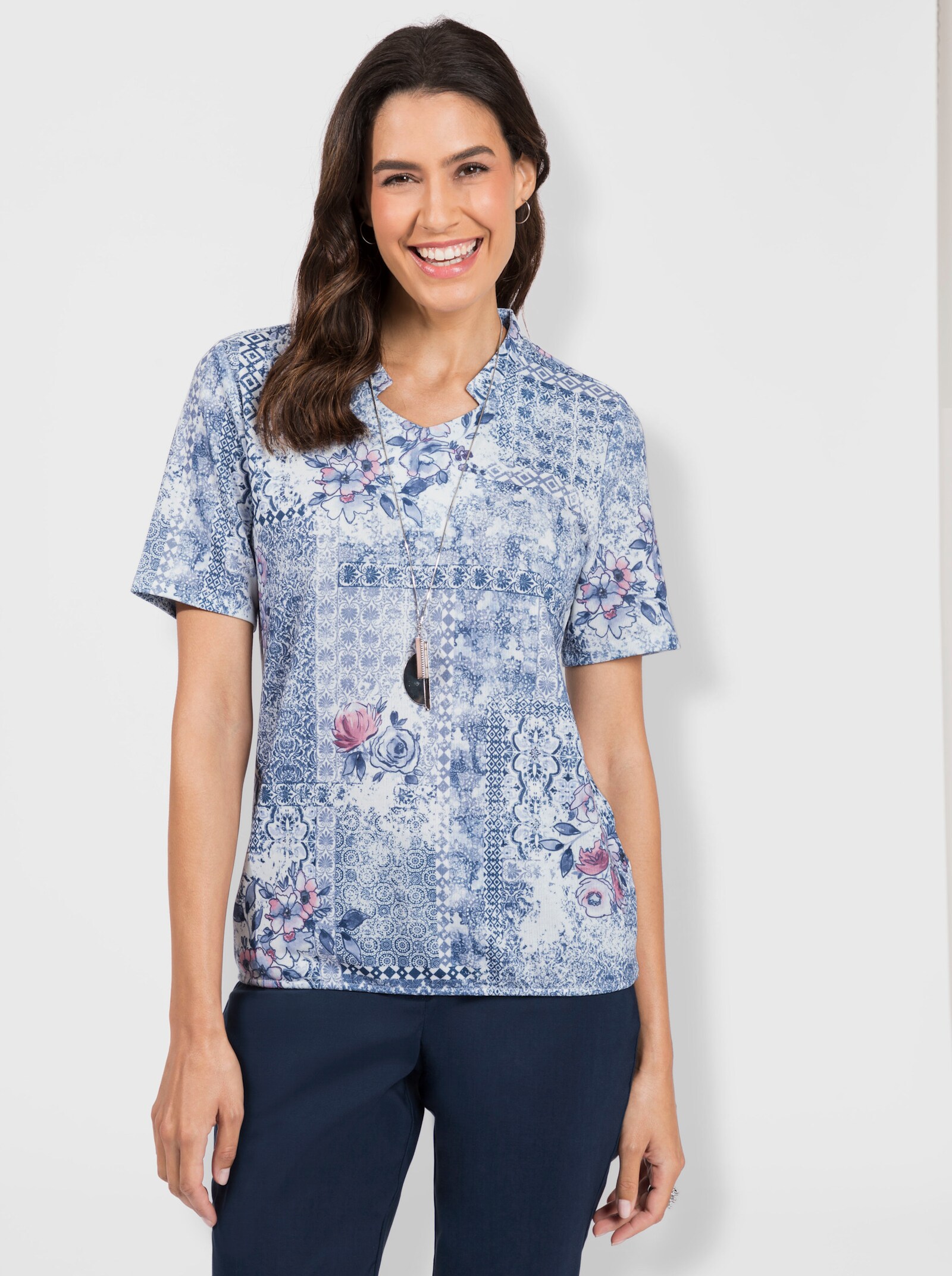 Print-Shirt in Strick-Optik - ecru-taubenblau-bedruckt