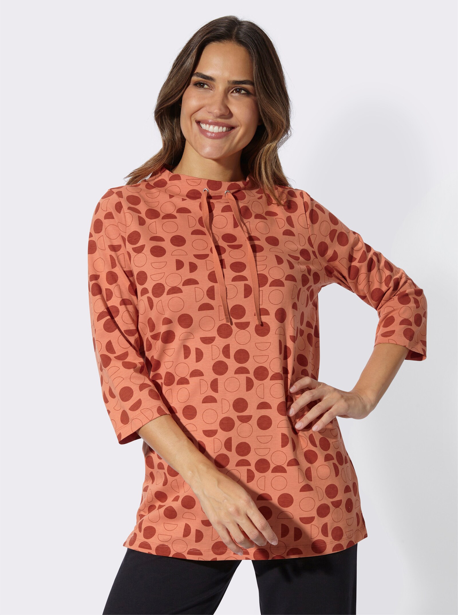 Longshirt mit Seitenschlitzen - papaya-rostrot-bedruckt