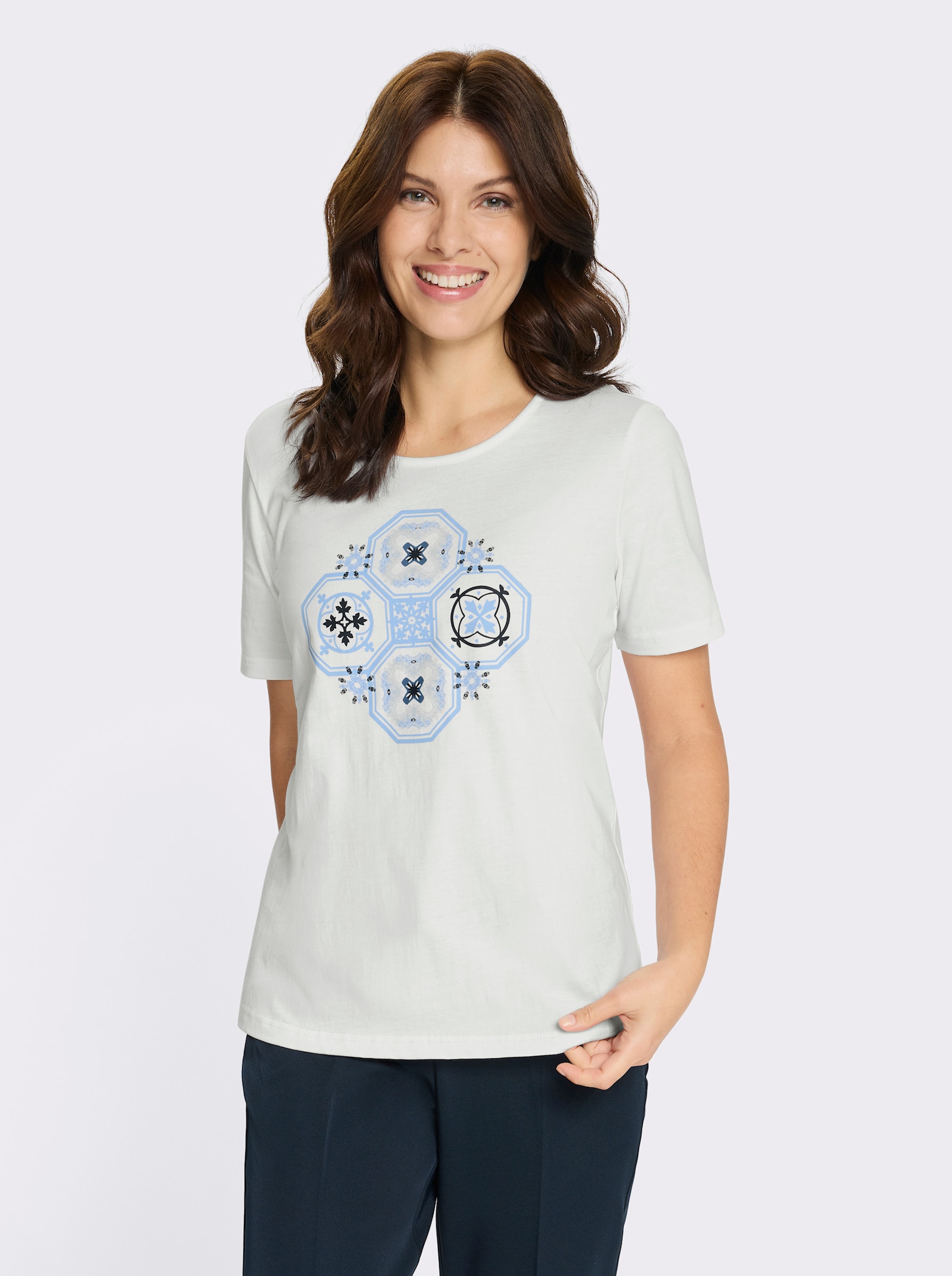 Kurzarmshirt mit platziertem Druckmuster - ecru-jeansblau-bedruckt