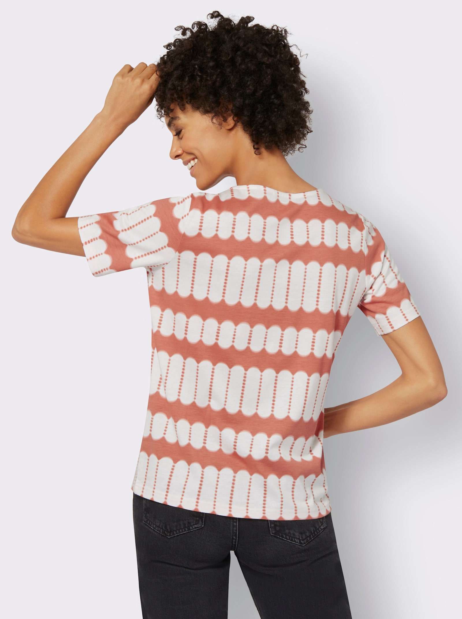 Kurzarmshirt mit V-Ausschnitt - papaya-ecru-bedruckt