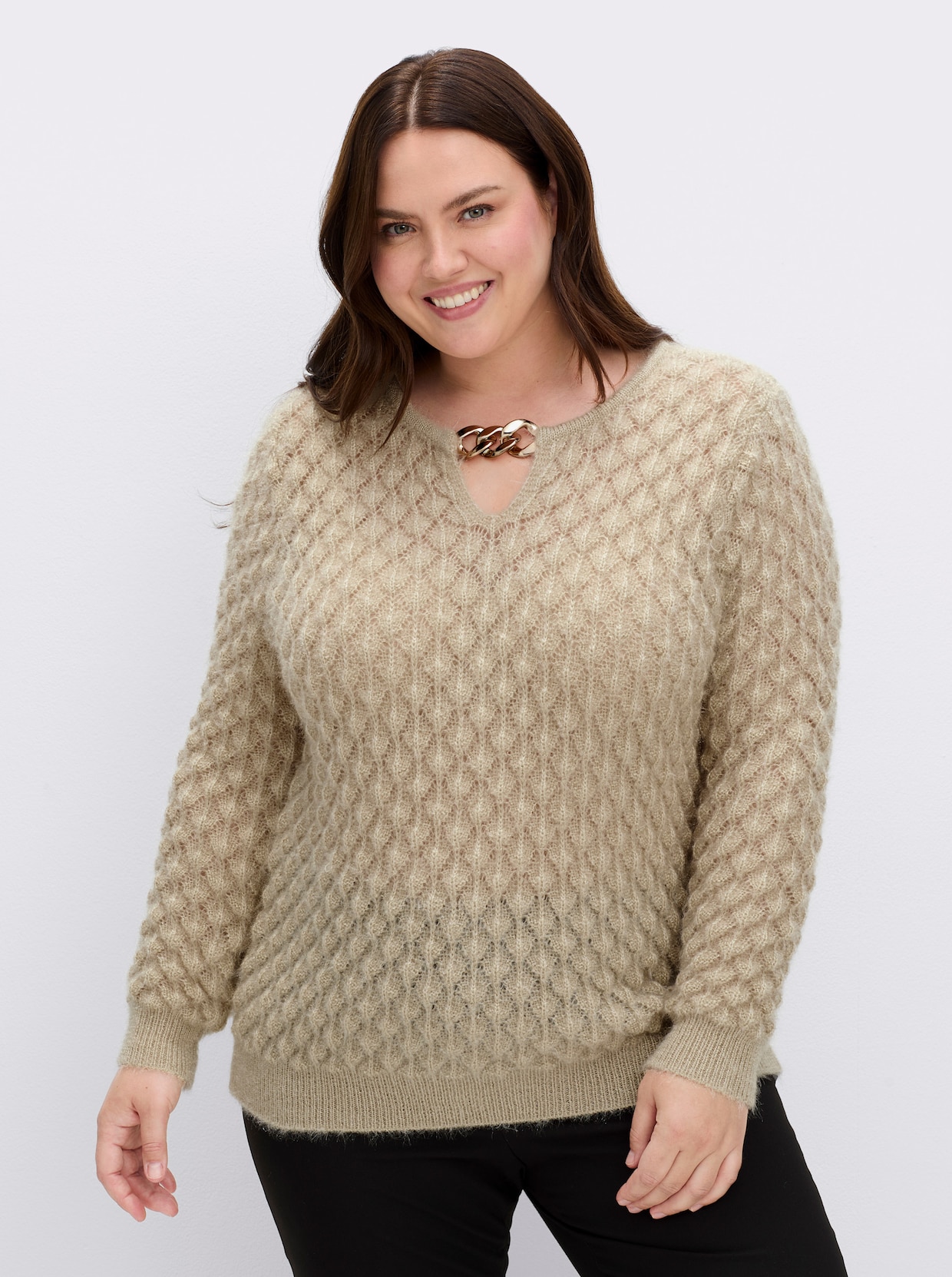 Ajourpullover mit Ketten-Applikation - sand