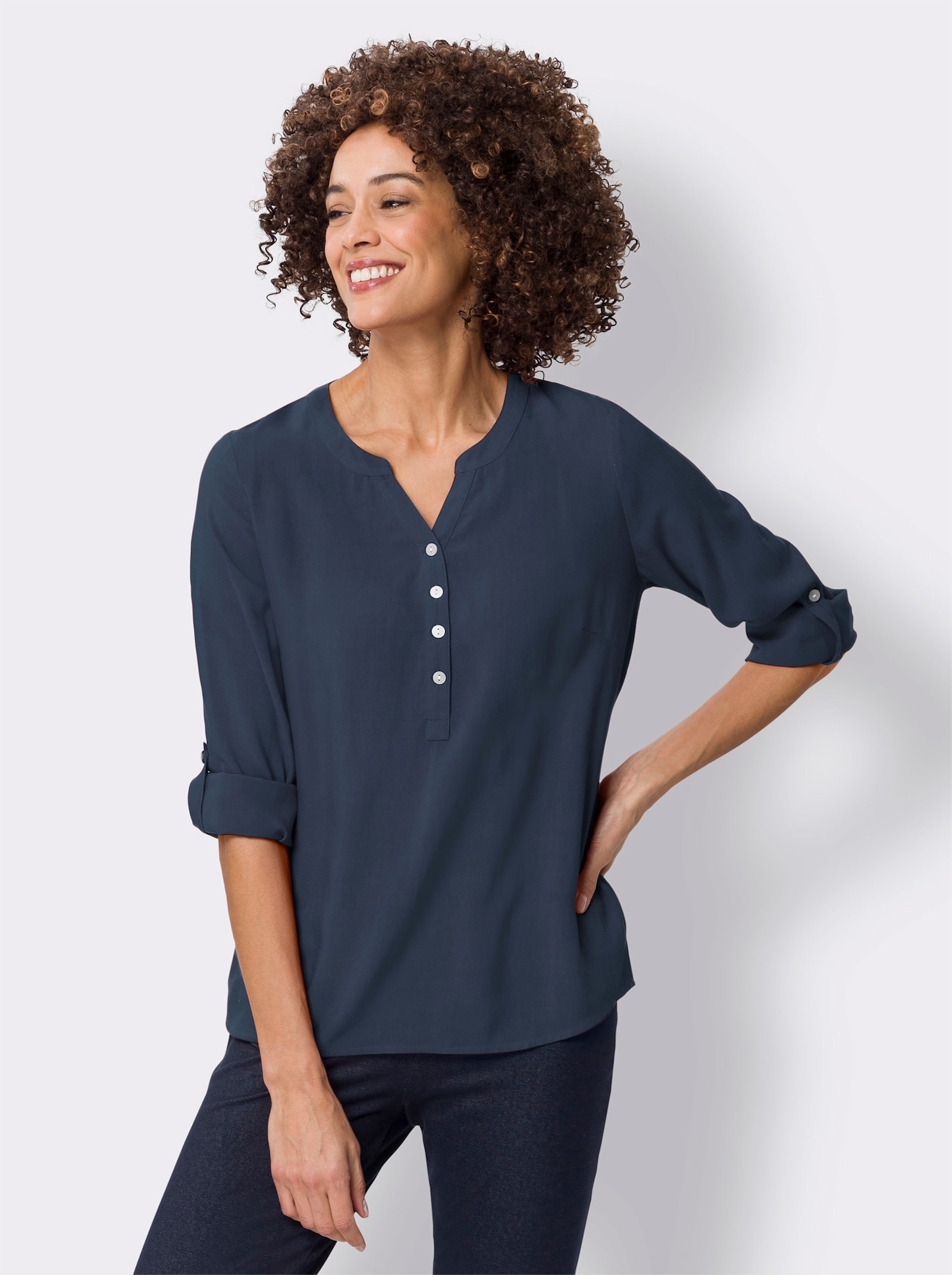 Schlupfbluse mit kurzer Knopfleiste - rauchblau
