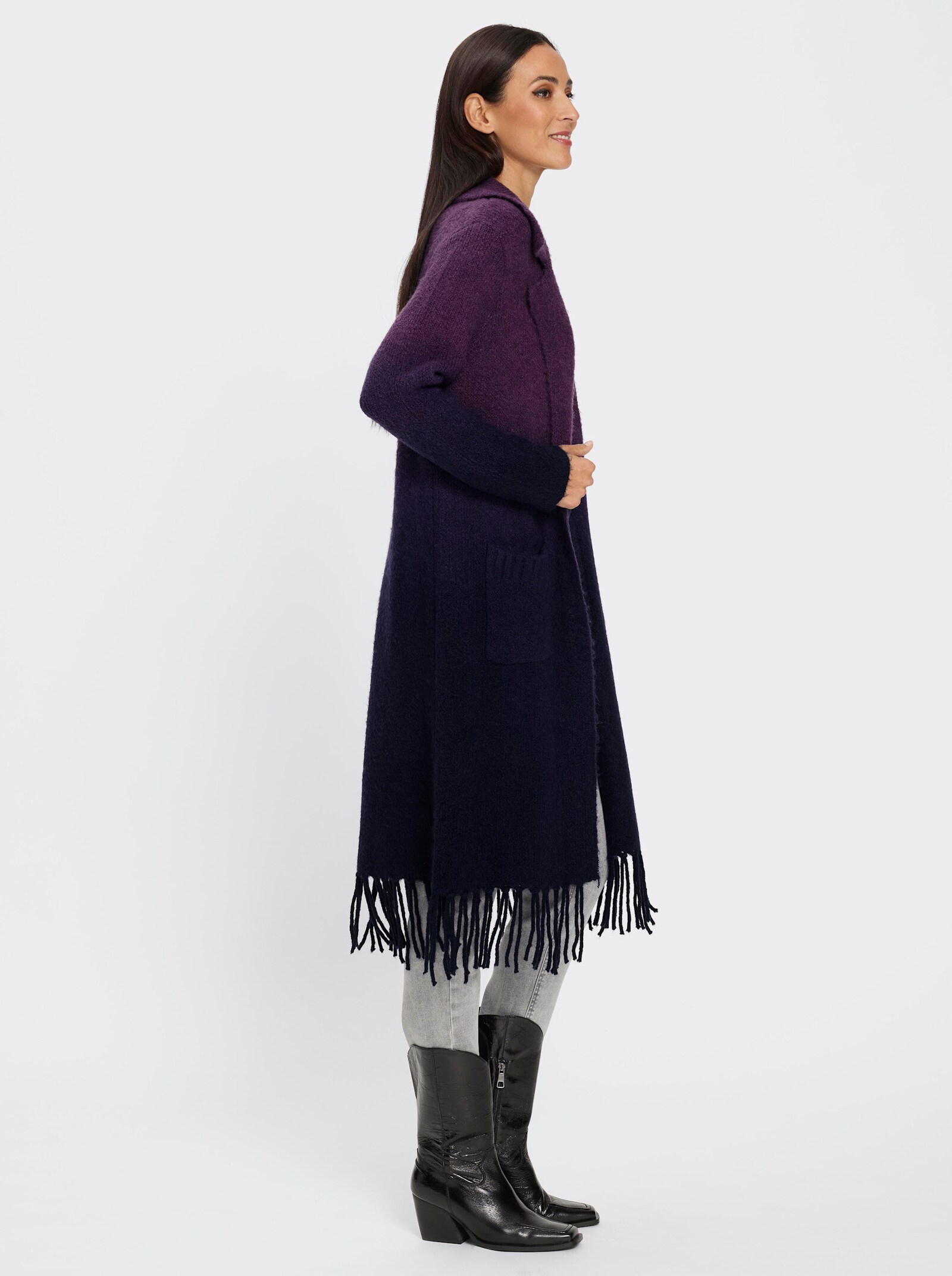 heine Strickmantel mit Fransen am Saum - marine-traube-gemustert
