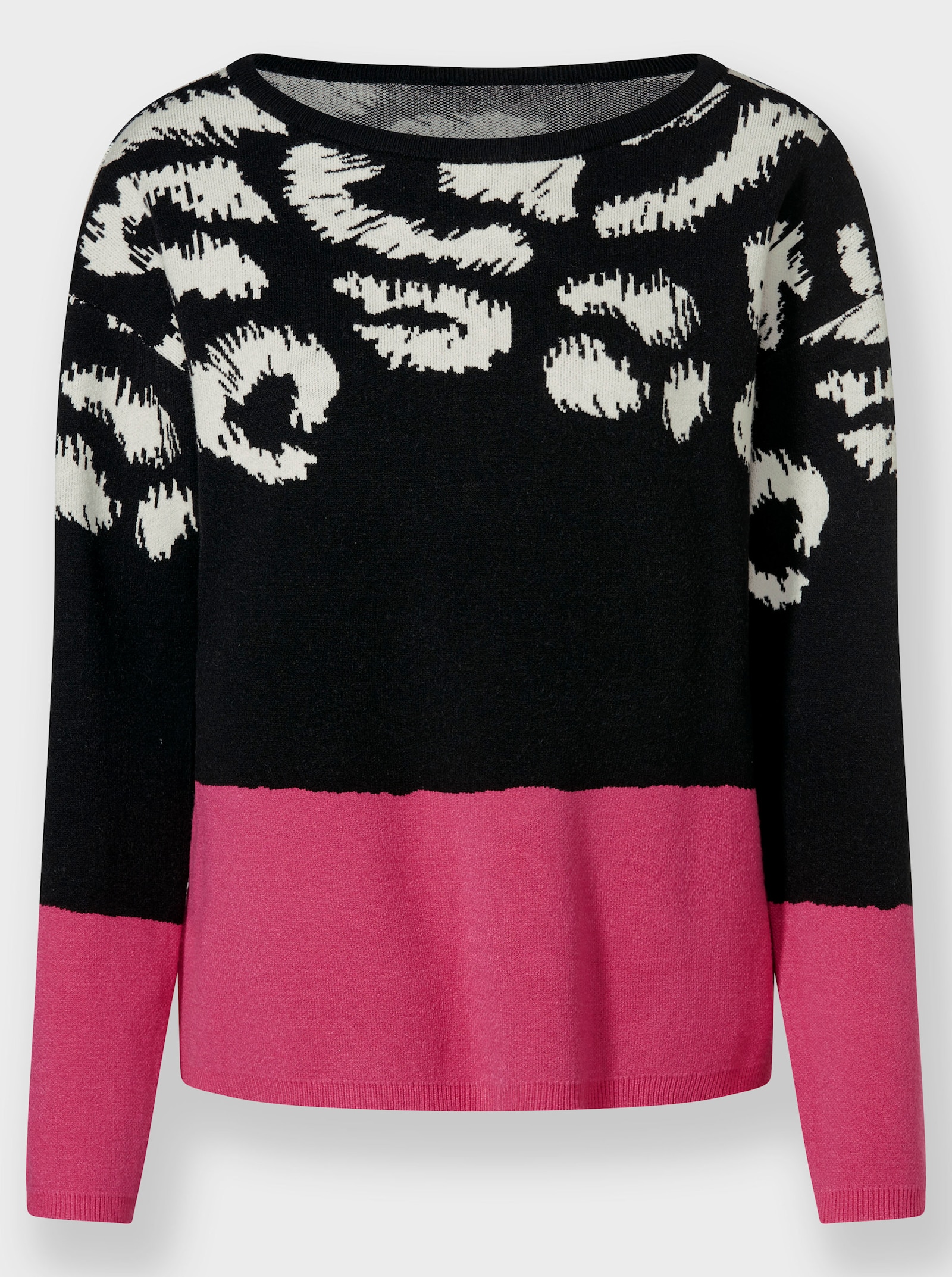 heine Langarm-Pullover mit U-Boot-Ausschnitt - fuchsia-schwarz-gemustert
