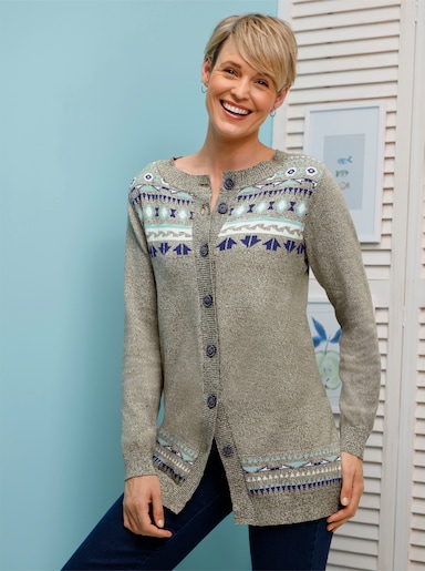 Longstrickjacke im Norweger-Muster - oliv-royalblau-gemustert