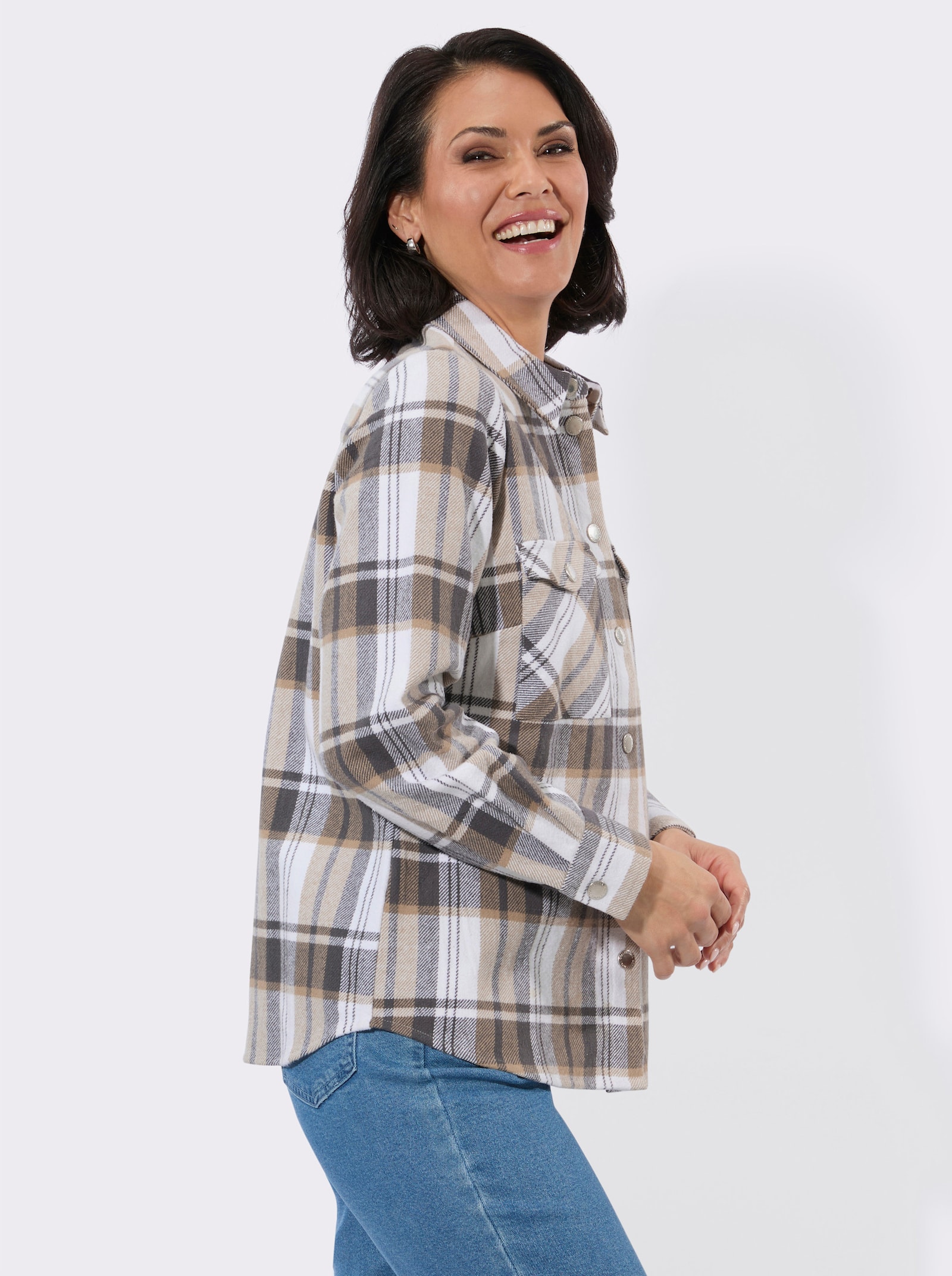 Flanellbluse im Karomuster - beige-anthrazit-kariert