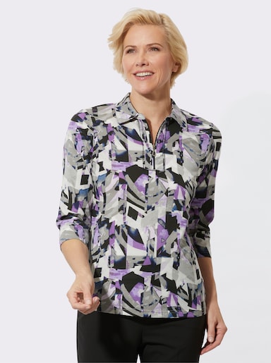 Poloshirt mit Glitzersteinchen - lavendel-steingrau-bedruckt